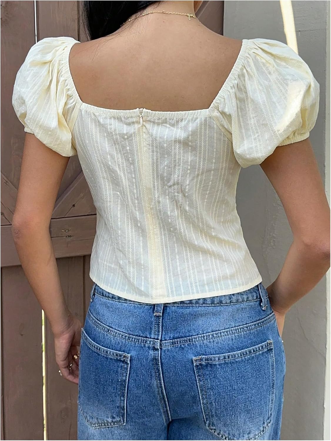 MakeMeChic Women's Textured Puff Sleeve Square Neck Tie Front Shirts Babydoll Blouse Top - Image 2