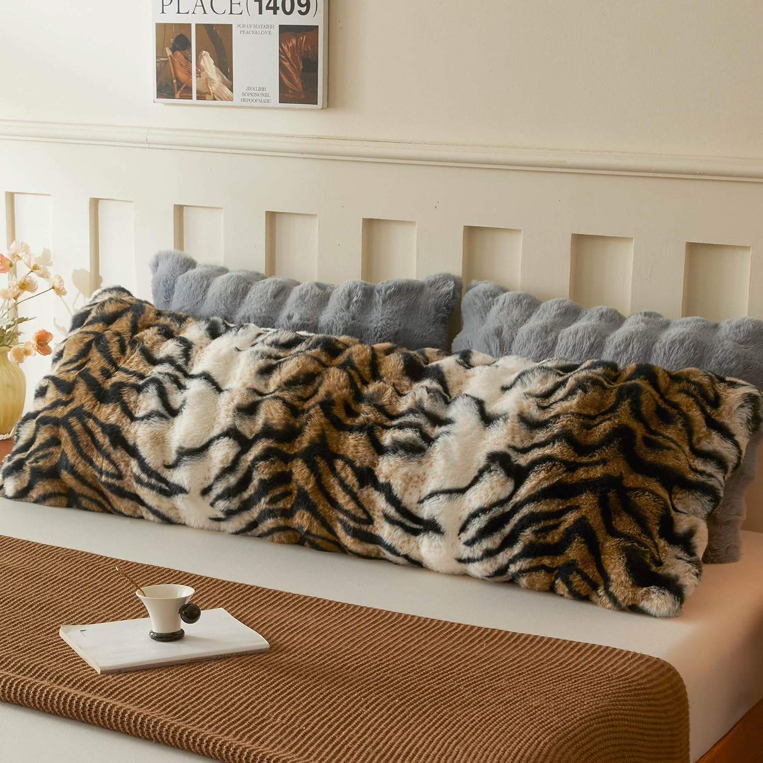 LIFEREVO Leopard Print Body Pillow Cover 20x54, Soft Fluffy Faux Rabbit Fur