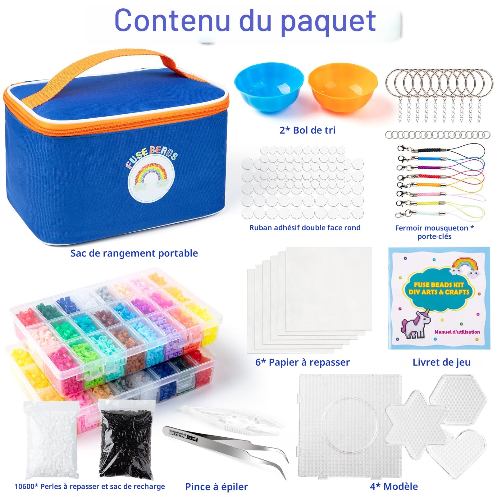 Sundaymot Kit de Perles à Repasser, 12 000 Perles de 5mm avec Trousse de Rangement, 26 Couleurs DIY, 4 Panneau Perforé, 2 Bols à Compartiments et Pince, Kit de Loisirs Créatifs pour Enfants dès 6 Ans