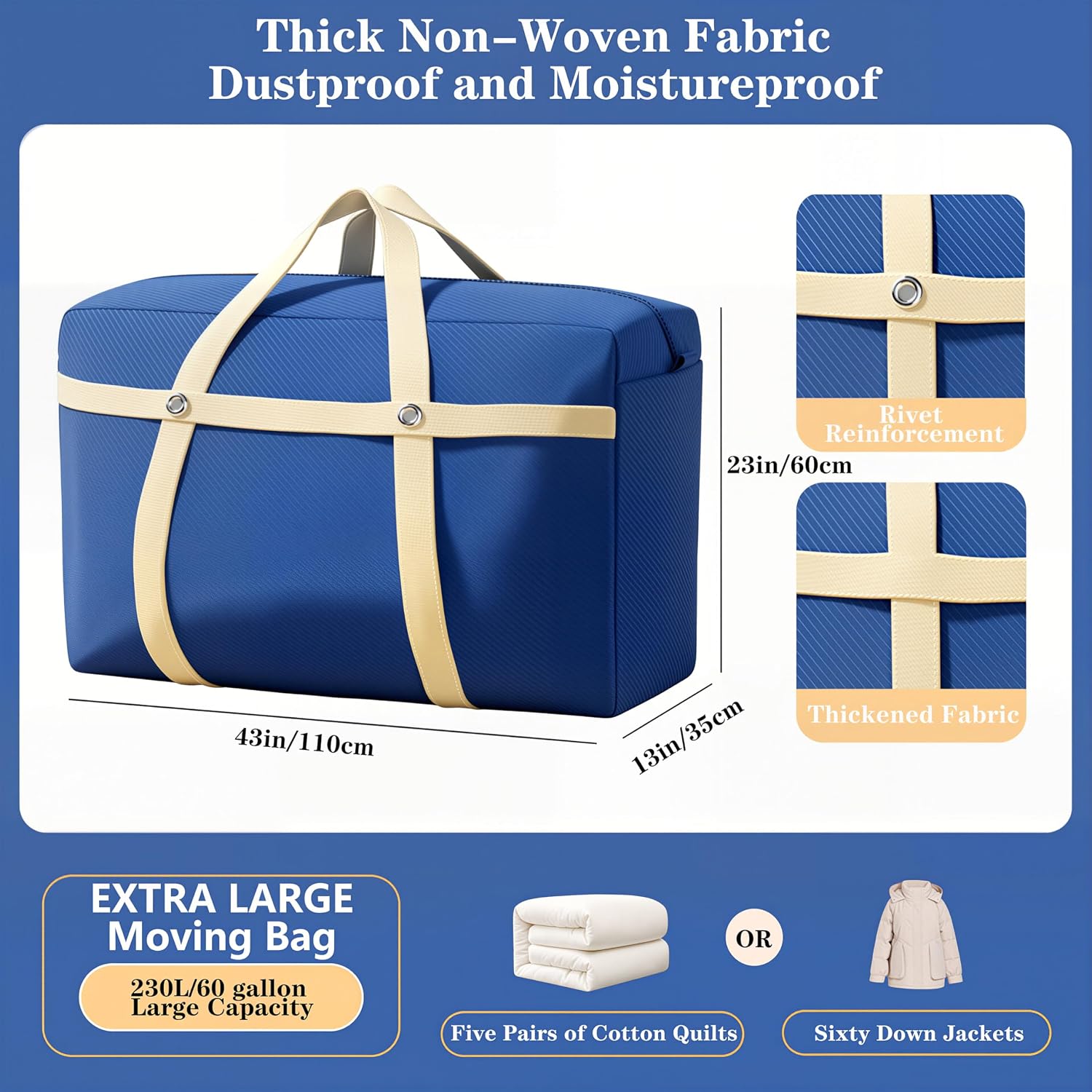 2 Pack Large Moving Bags 230L - Heavy Duty Non-Woven Fabric Storage Bags for Moving House, Dorm, Travel | Reusable Luggage Organizer with Reinforced Handles