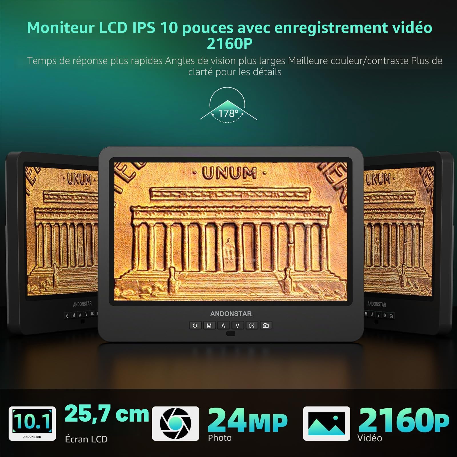 Andonstar AD249S-M Plus Microscope numérique à souder HDMI 10,1'' pour réparation électronique, enregistrement vidéo 2000x 3 lentilles 2160p UHD, station de microscope à souder avec mains aidantes