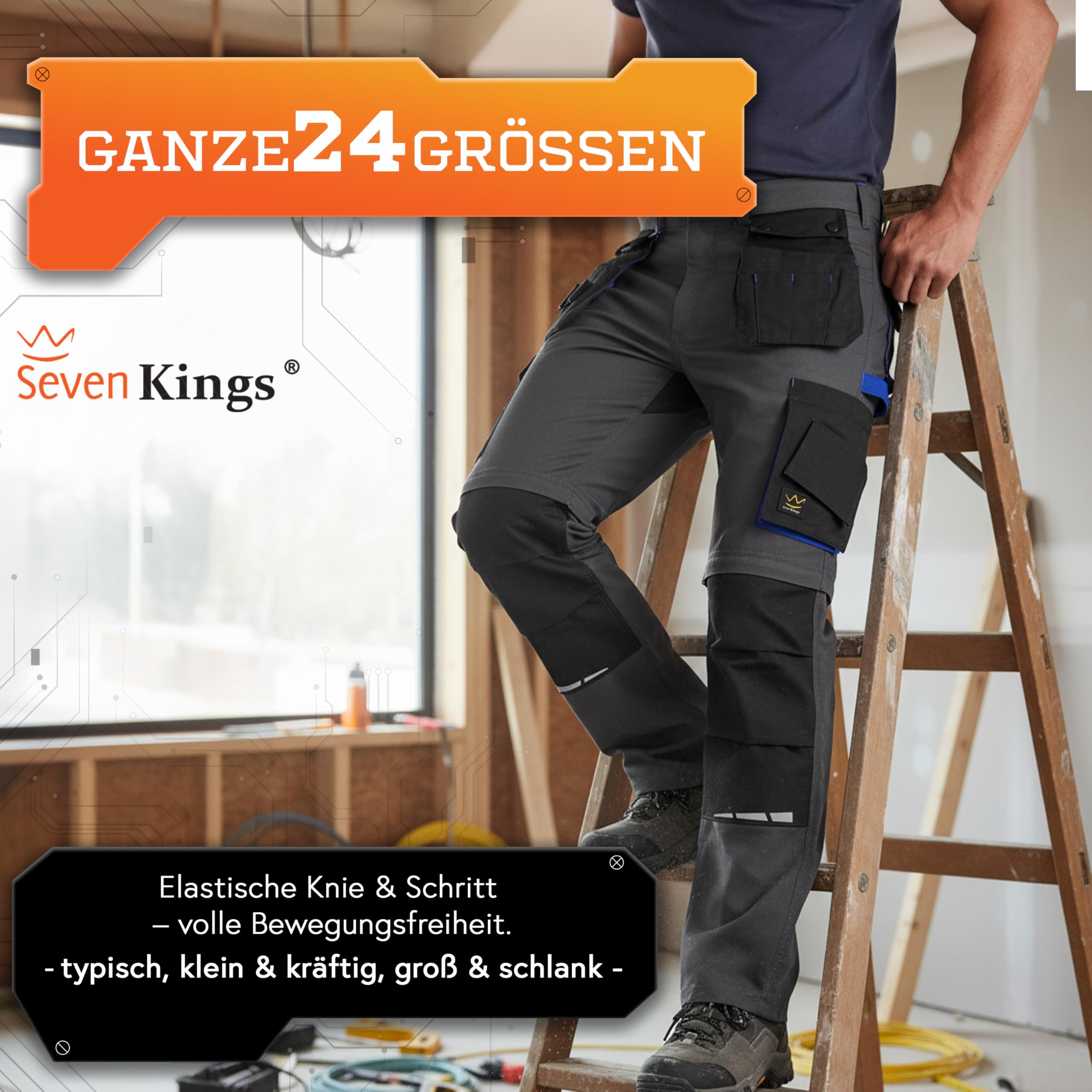 Seven Kings Arbeitshose Herren Ripstop Schwarz – Arbeitshosen Männer Stretch mit abnehmbaren Holstertaschen – mit abnehmbares Beinteil für heiße Tage – Gummizug im Bund – viele Taschen