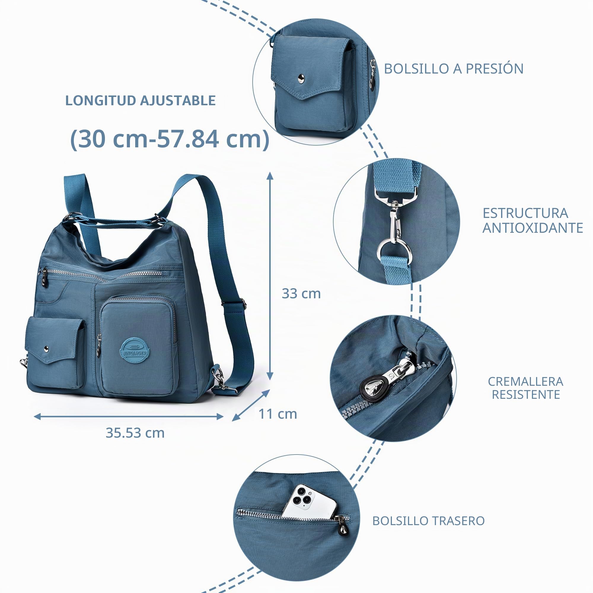 Bolso hobo multiusos para mujer con RFID antirrobo, bolso cruzado de nailon impermeable, bolso de hombro, mochila convertible