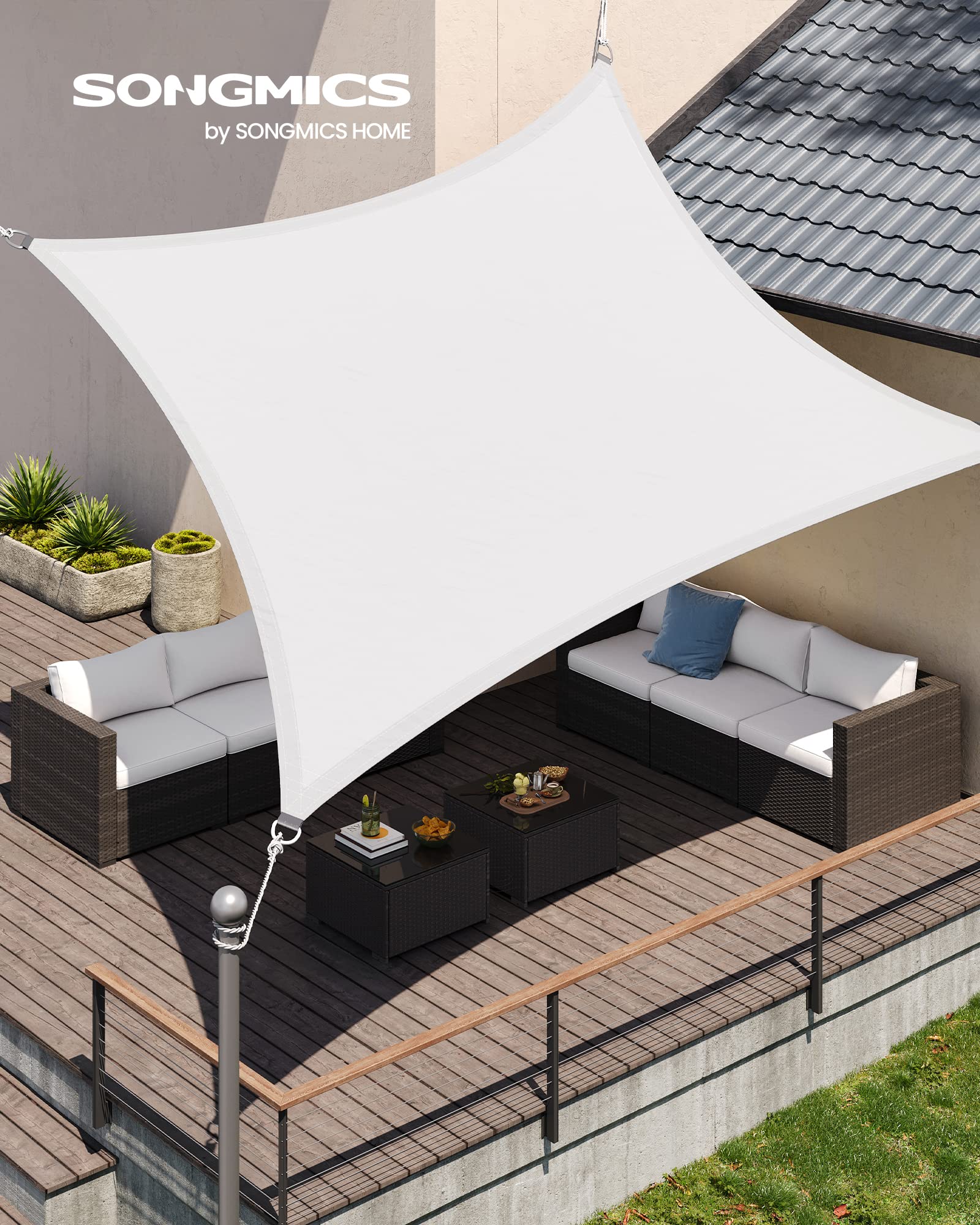 SONGMICS Vela Parasole 3 x 4 m, Impermeabile con Colonna d'Acqua 665 mm, Tenda da Sole Poliestere Antistrappo, Anti UV 93%, Terrazza Giardino Balcone, Rettangolare, Corde 2 m, Bianco GSH34IVV1