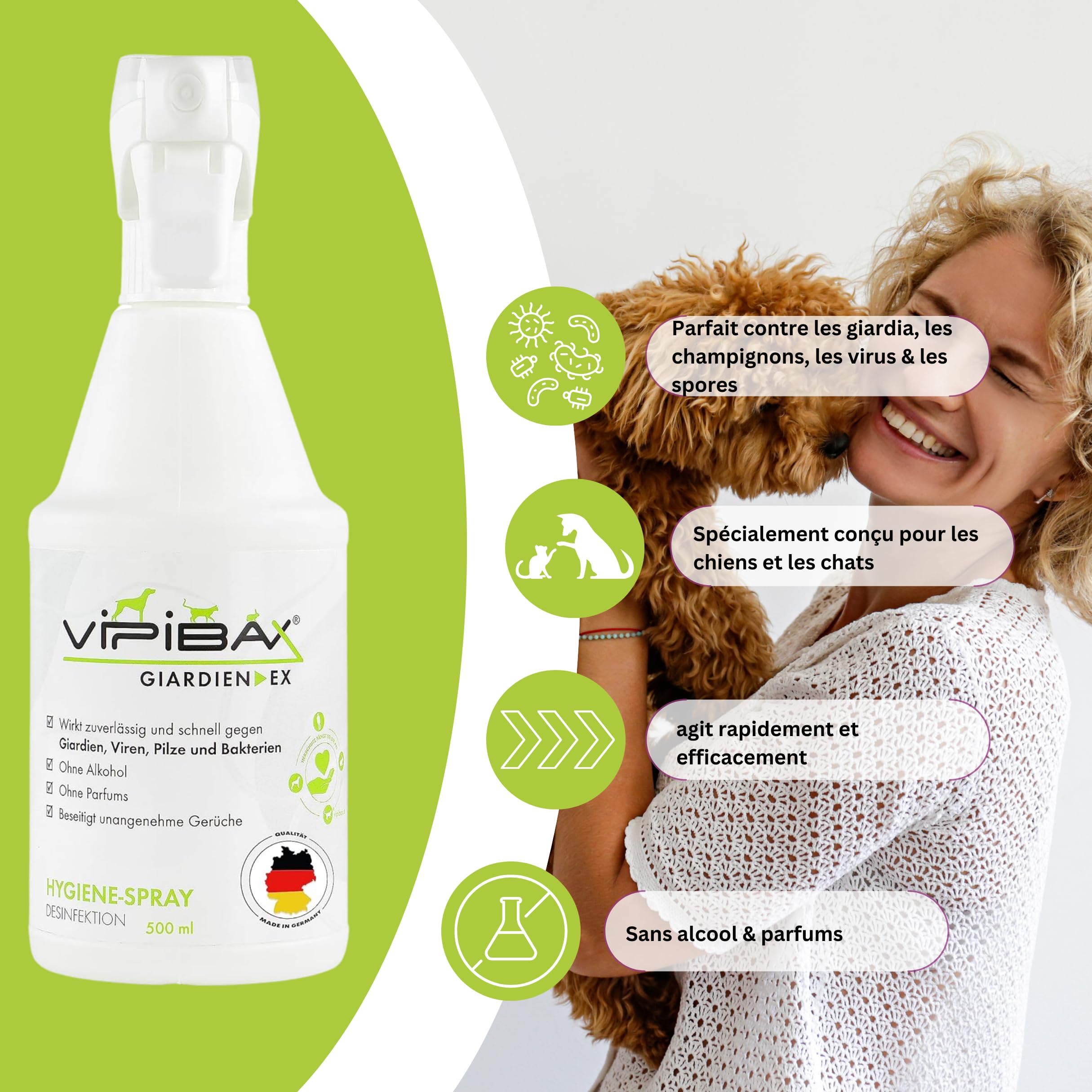 ViPiBaX Giardia-Spray pour Chien, Chat & Co - Éliminateur d'odeurs - Spray d'hygiène - Désinfection Efficace Contre Les giardias, Virus, Champignons & bactéries - 500ml