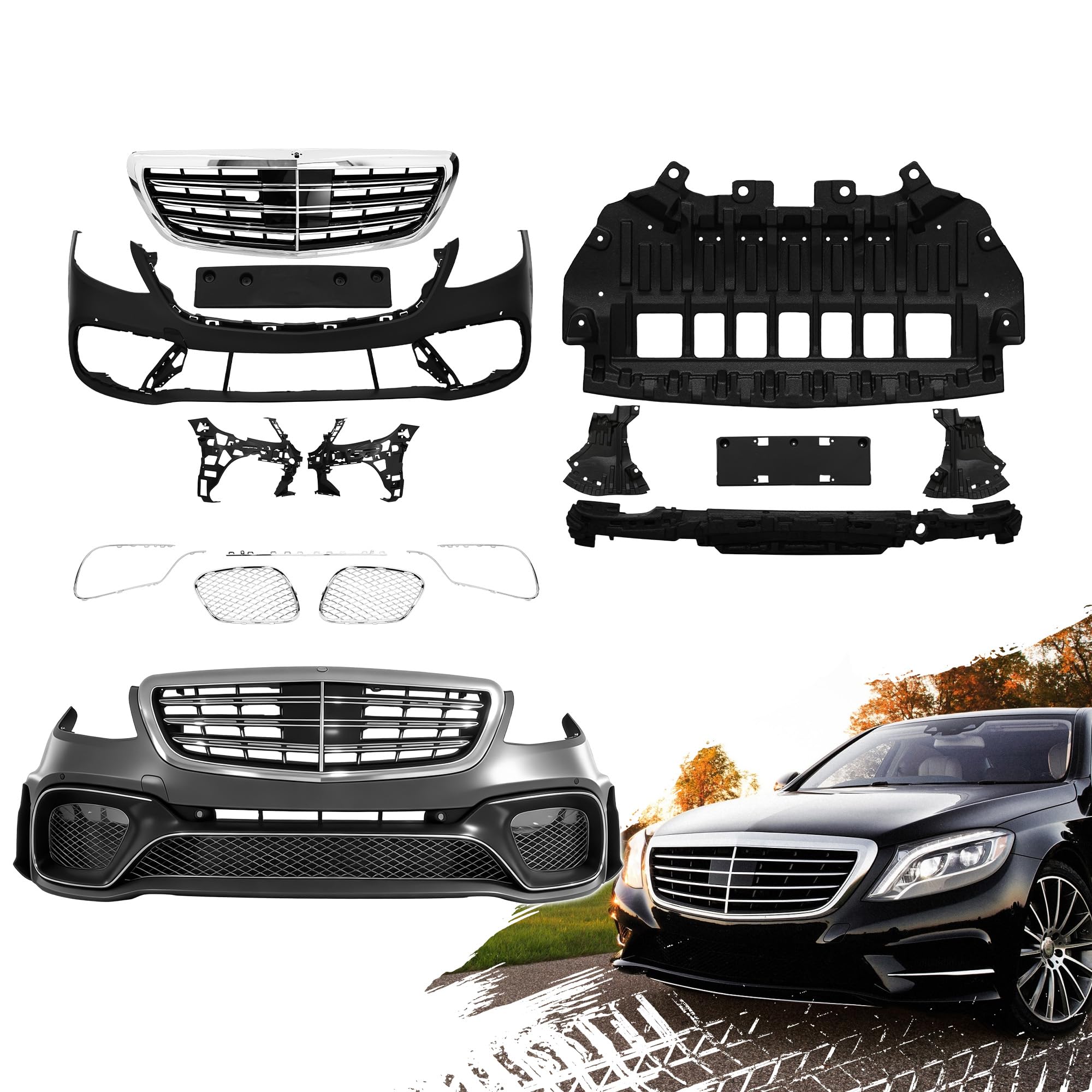 Complete Front Bumper Conversion Kit Compatible with 2014-2020 Mercedes Benz W222 S-Class Facelift,Upgrade to 2018+ S63 Style (The Bumper Set Fit for 2018+ W222 S-class Headlight)