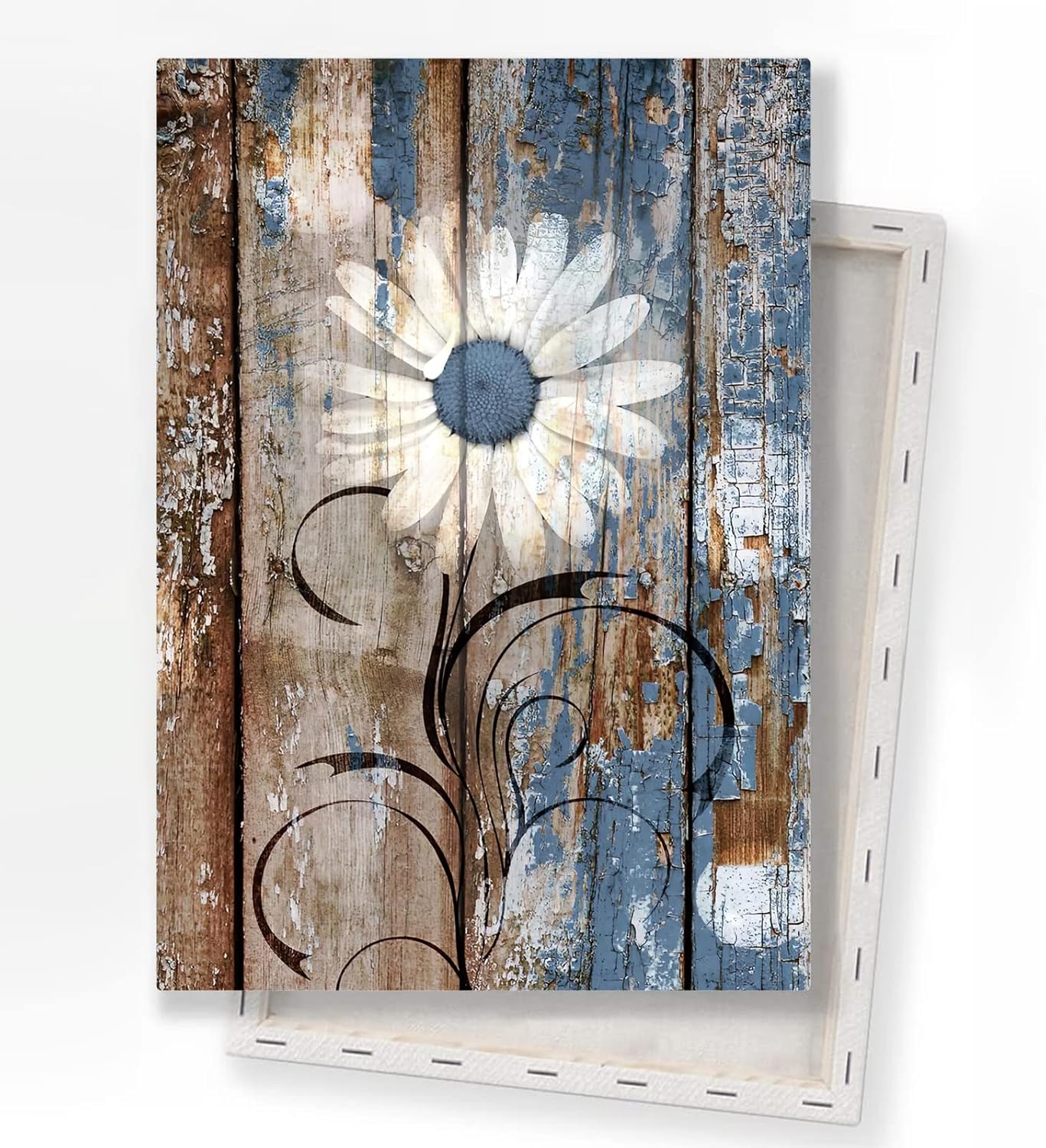 Daisy Canvas Art Flower Bathroom Art White Flower Canvas Painting Flower Poster Prints for Bedroom Daisy Pictures Wall Decor Farmhouse Bathroom Decor Wall Art Vintage Blue Paintings (16X24inch Framed)
