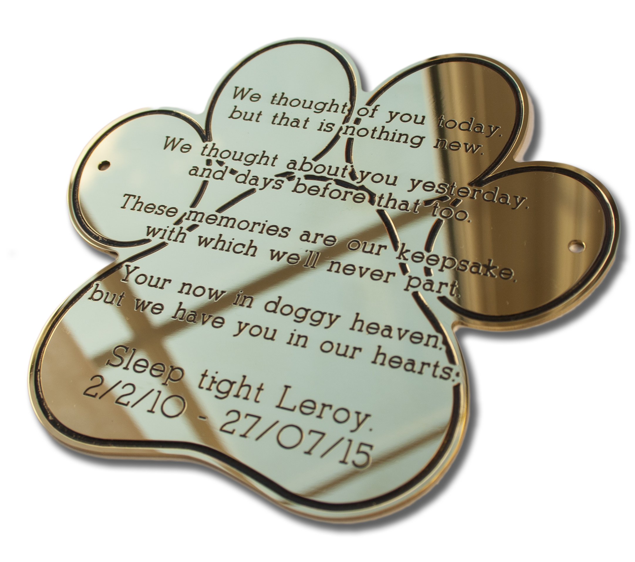 6" wide paw shape solid brass engraved nameplate. Personalised engraved memorial plaque