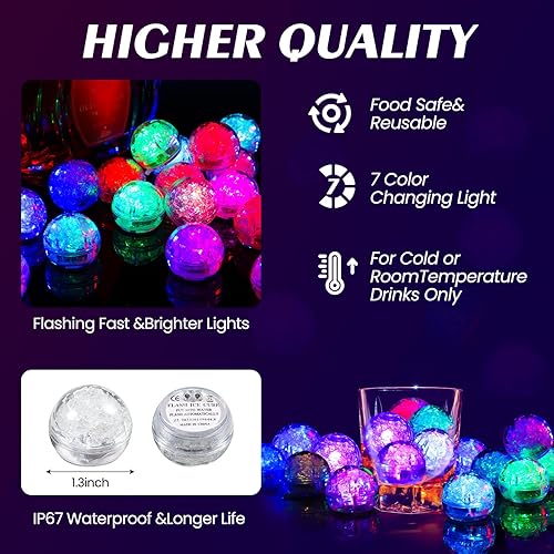 Miniatura 2 de Lunmon 24 cubos de hielo iluminados, reutilizables, intermitentes, LED, bolas de hielo activadas por líquidos, multicolor, que brillan en la