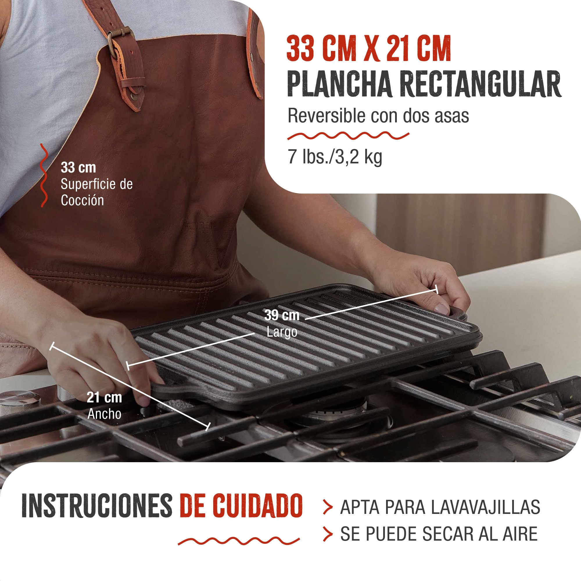VICTORIA Plancha Cocina Hierro Fundido Esmaltado Parrilla Doble Reversible 33 X 21cm para Fuego, Barbacoa, Horno, Vitrocerámica, Gas, Libre de Tóxicos sin PTFE