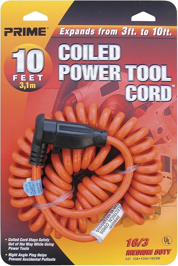 Prime Ad010610 10' 16/3 Sjt Orange Coiled Power Tool Cord Extension