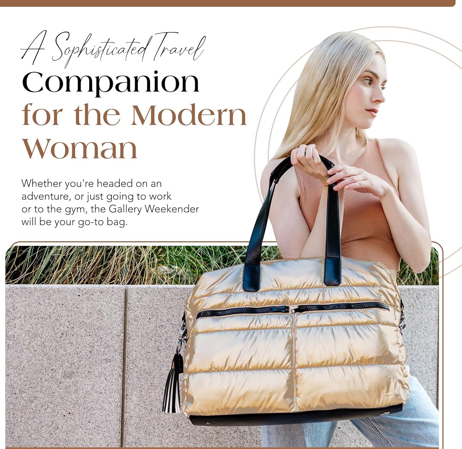 Citi Collective Gallery Weekender Bags for Women-Gold | Versatile Work Bag | Travel Bag with Adjustable Straps for women | Laptop sleeve inside comes with bonus shoe bag & more