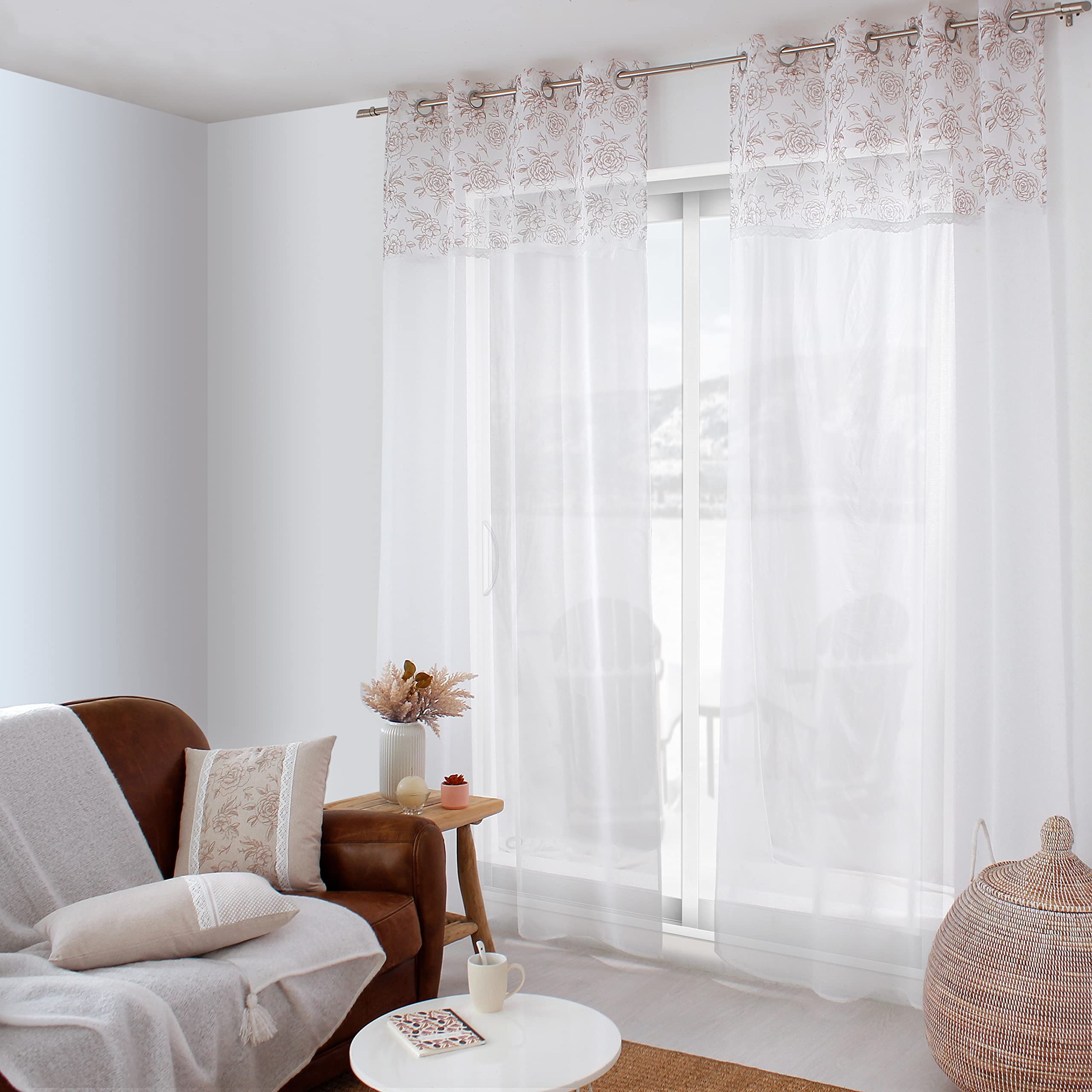 Visillo Rosa Con Ojales Enjoy Home - 140x240 Cm, Poliéster, 8 Ojales Plateados De 4 Cm
