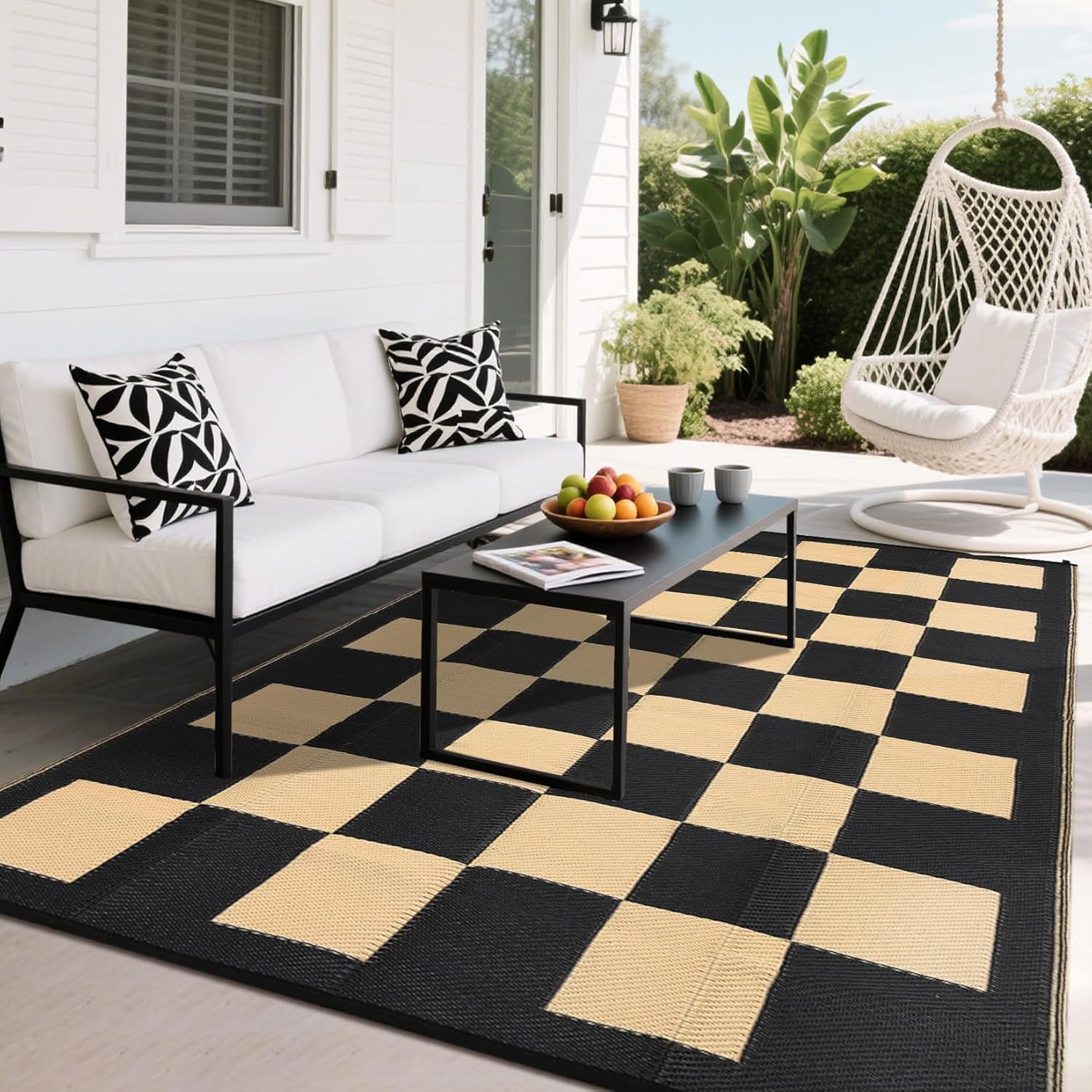 Modern Outdoor Rug Geometric Plaid Camping Mat for Patio UV-Resistant Reversible - Picture 6 of 59