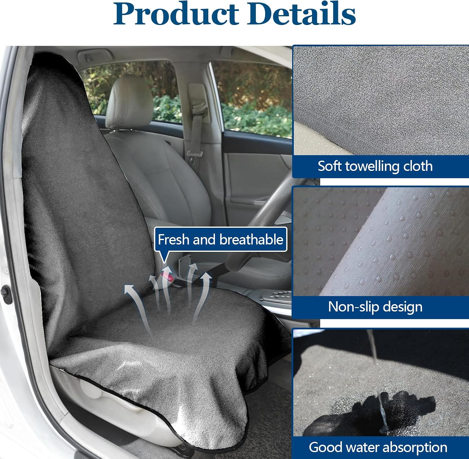 wuyaoyao Car Towel Seat Cover, Waterproof Terry Cloth Sweat Towel Seat Cover for Gym, Running, Swimming, Beach and Hiking, Washable & Non-Slip Seat Towel Protector for Car Truck Van SUV (Gray)