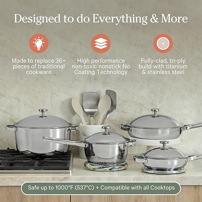 Introducing the revolutionary cookware set that transforms your culinary experience with its state-of-the-art NO-COAT technology. This innovative collection features a non-toxic, nonstick titanium interior that is free from traditional coatings and harmful PFAS or Forever Chemicals, ensuring a safe and enduring cooking journey. With its immaculate construction and sustainable design, this cookware set promises a healthy and long-lasting addition to any kitchen.
