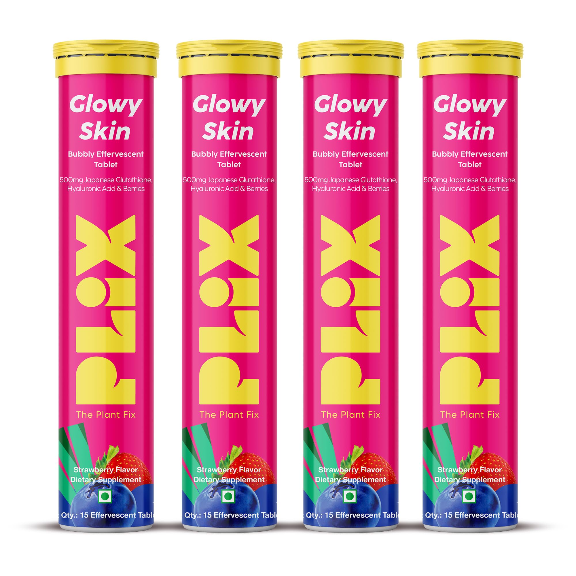 PLIX Glowy Skin 500mg Glutathione Supplement with Hyaluronic Acid, Vitamin C, E & Berries | 60 Effervescent Tablets, Strawberry Flavor