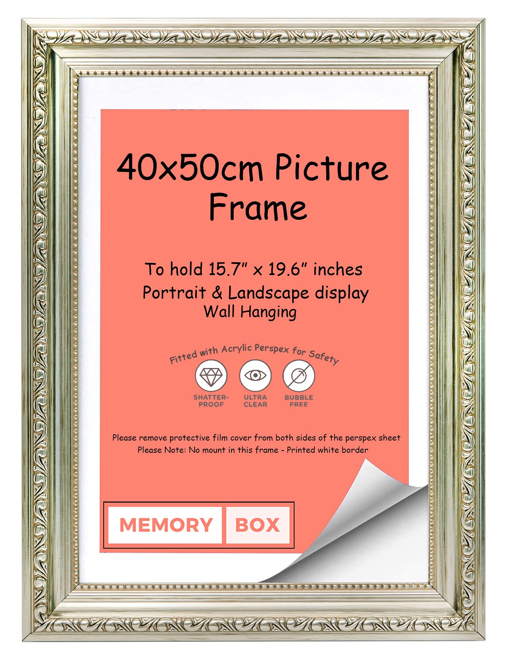 Memory Box Ornate Shabby Chic Picture/Photo/Poster frame with Perspex Sheet - (40 x 50cm) Silver 15.7" x 19.6"