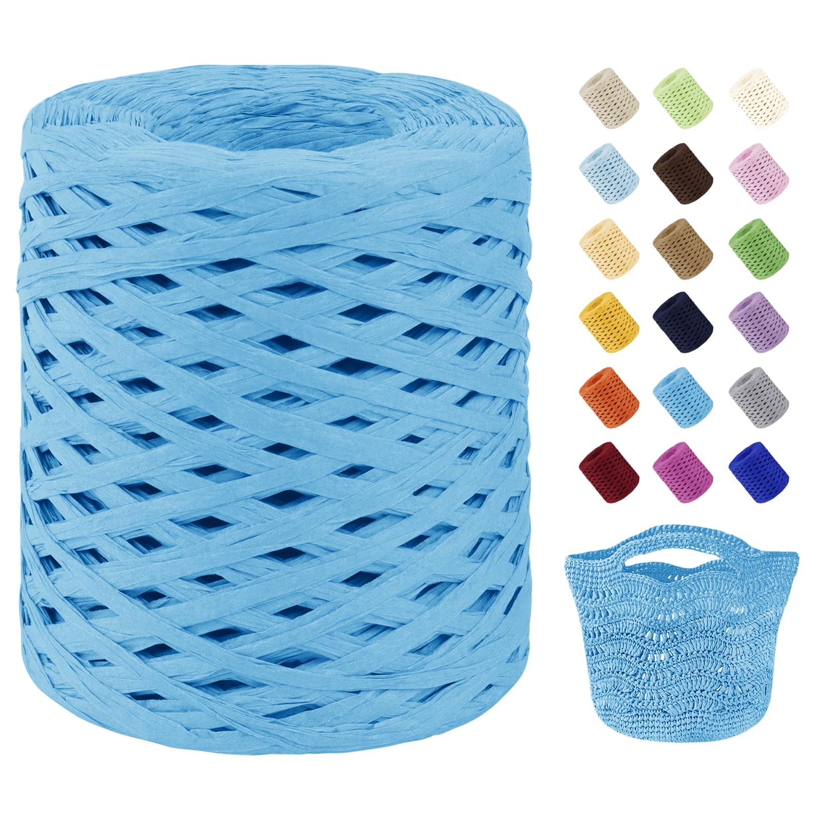 Uiopa Raffia Ribbon for Crochet, 3mm x 200m Raffia Paper Ribbon Straw Crochet Yarn for Crocheting Beach Bags, Sun Hats, Home Decor, DIY Crafts (Blue)
