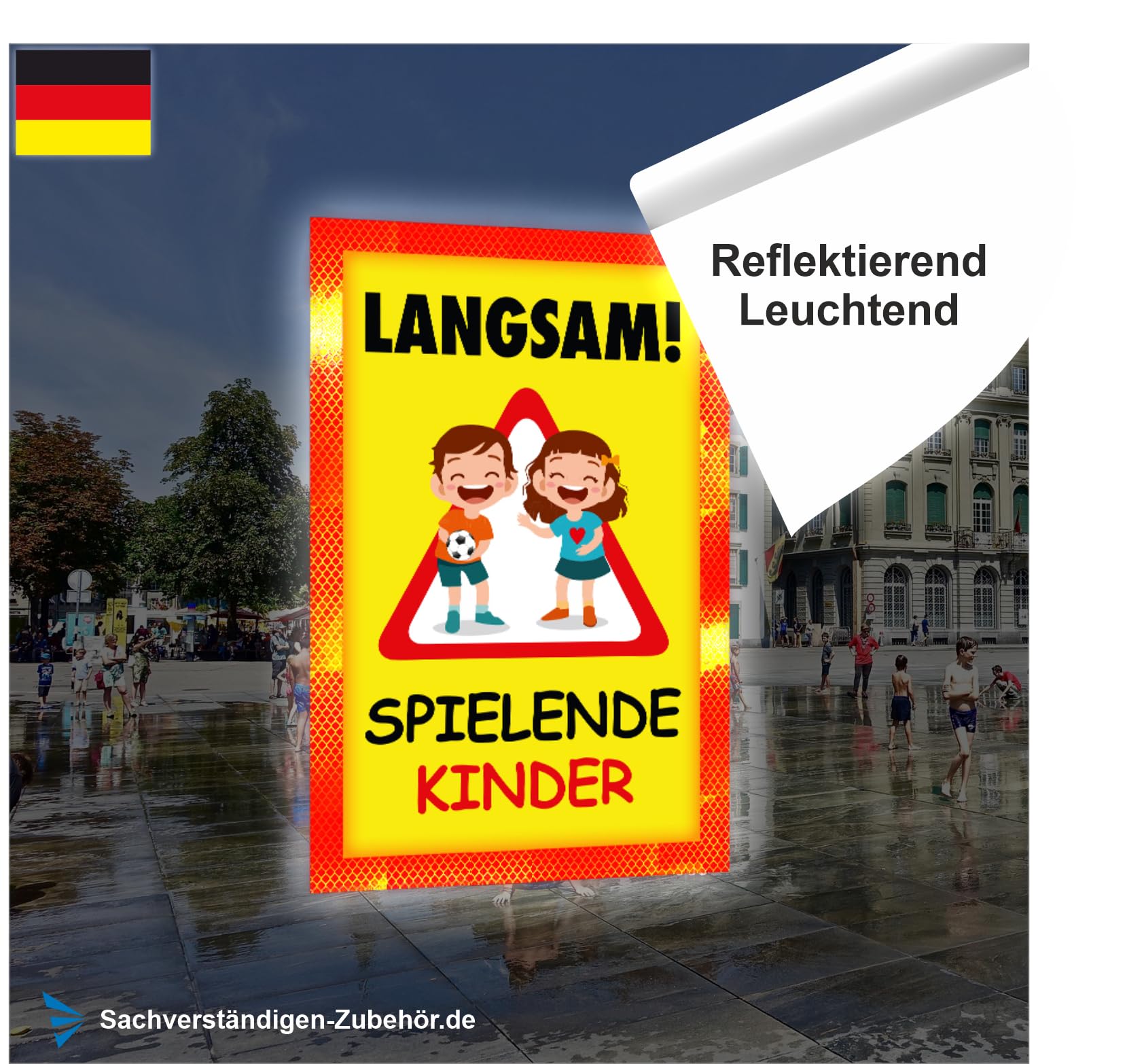 Sachverständigen-Zubehör® Achtung Kinder Sicherheit Schild XXL aus Metall [3 mm] mit Reflektoren [reflektierend leuchtend] Verkehrsschild Warnschild 60 x 40 cm Pylonen Warn Aufsteller Spielstrasse