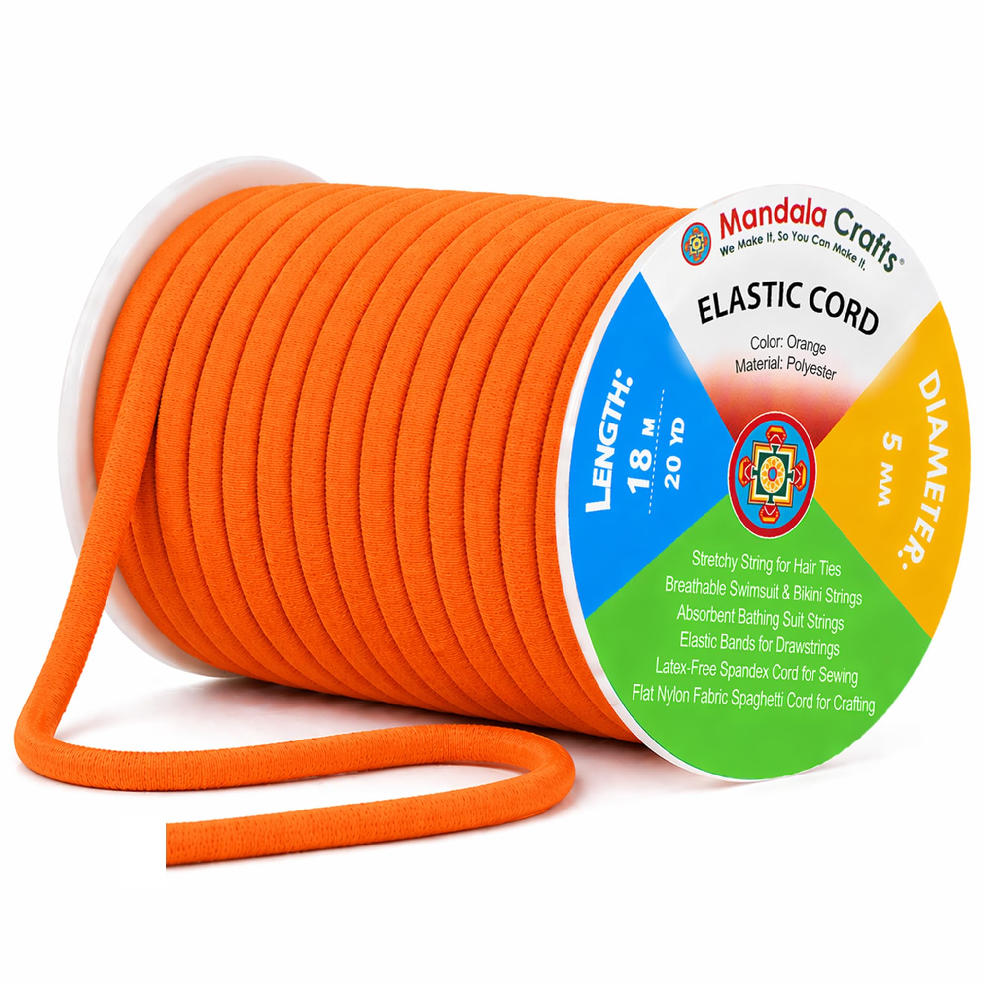 Mandala Crafts Orange Soft Elastic Cord – 20 Yards 5mm Flat Nylon Fabric Spandex Stretchy String Cords for Bikini, Bathing Suit String, Hair Ties, and Drawstring Sewing