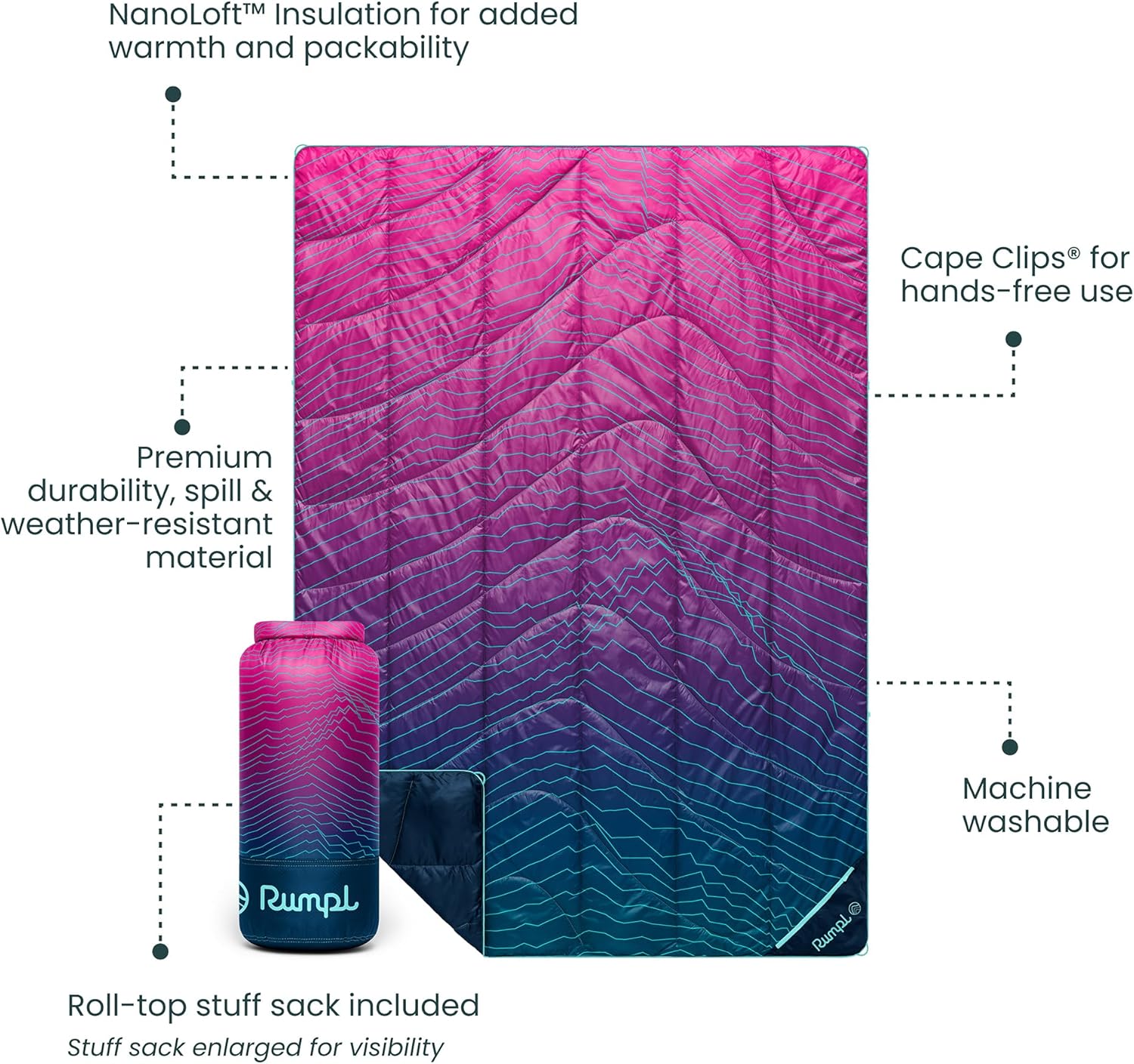 Rumpl Backcountry Puffy Blanket - Packing Comfort Into Uncomfortable Places, 100% Recycled Polyester Insulation, Lightweight, Packable, Water Resistant, 52" x 75", Moraine - Image 3