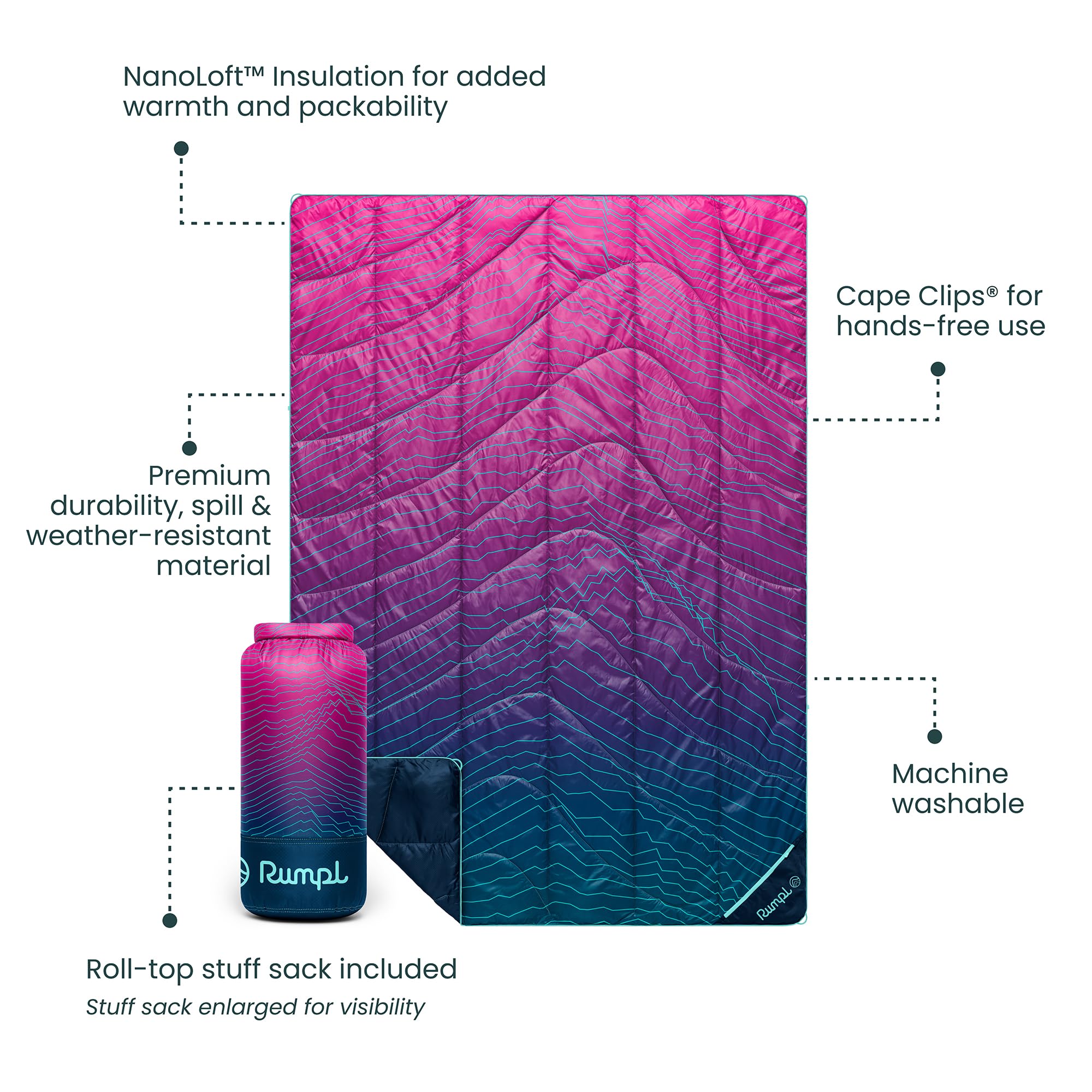 Rumpl Original Puffy Blanket - Warm, Water-Resistant Camping Blanket With 100% Recycled Synthetic Insulation, 52"x75", Original Puffy V2, Rocky Mountain Sunset Fade - View #2