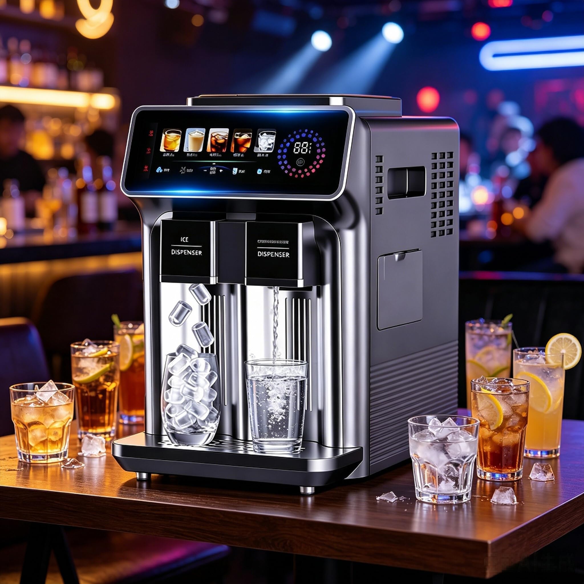 3-in-1 Ice Maker with Ice Crusher and Water Dispenser, Bullet Ice Cube Maker Machine, 33lbs/24H Pellet Chewable Ice, Self-Cleaning Countertop Stainless Steel Ice Machine for Commercial, Party Black