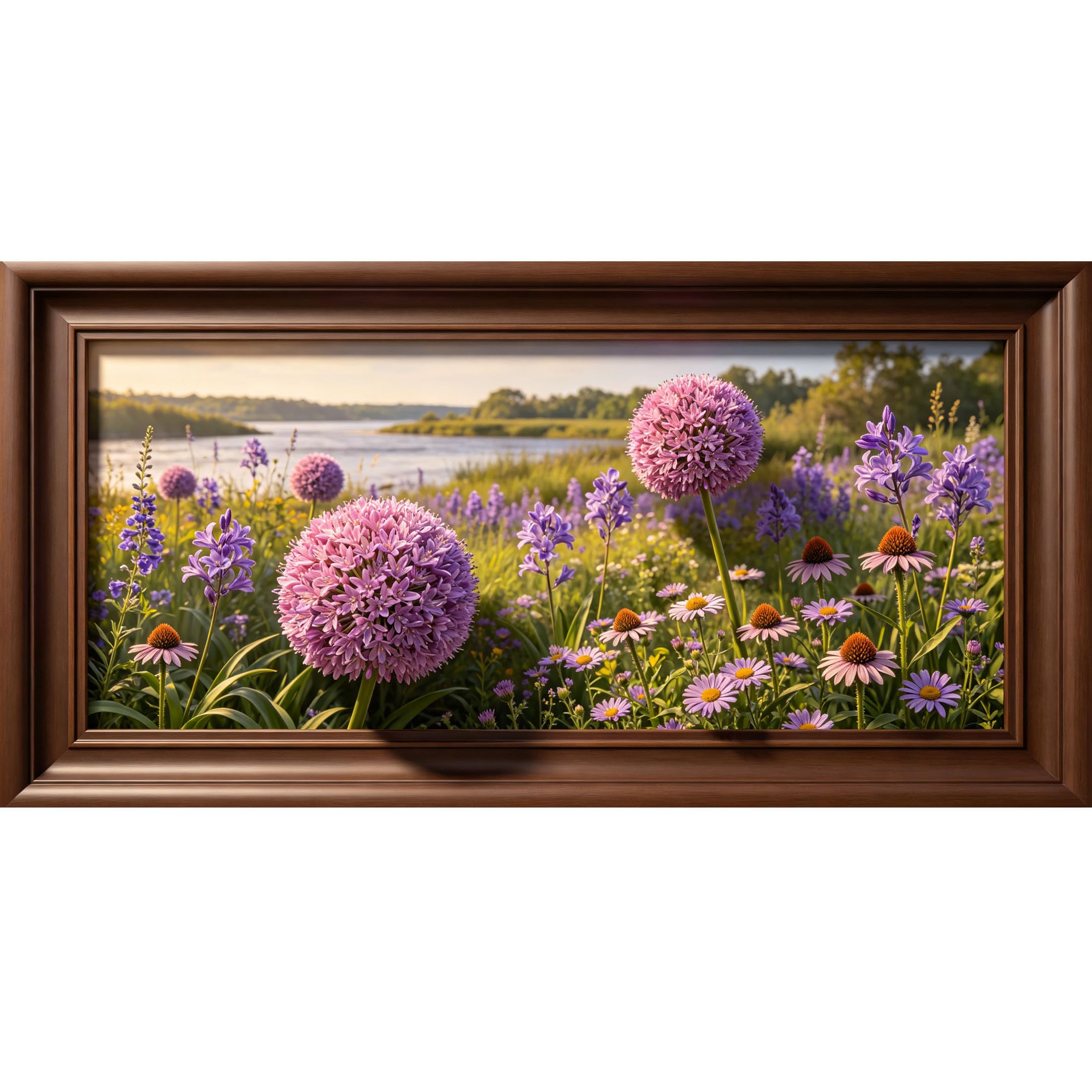 Agglomerix 3D Framed Wall Art Lavender Daisy Allium Meadow Botanical Landscape Large Size Self-Adhesive Removable Wall Decor Prints Artwork for Living Room Bedroom Office