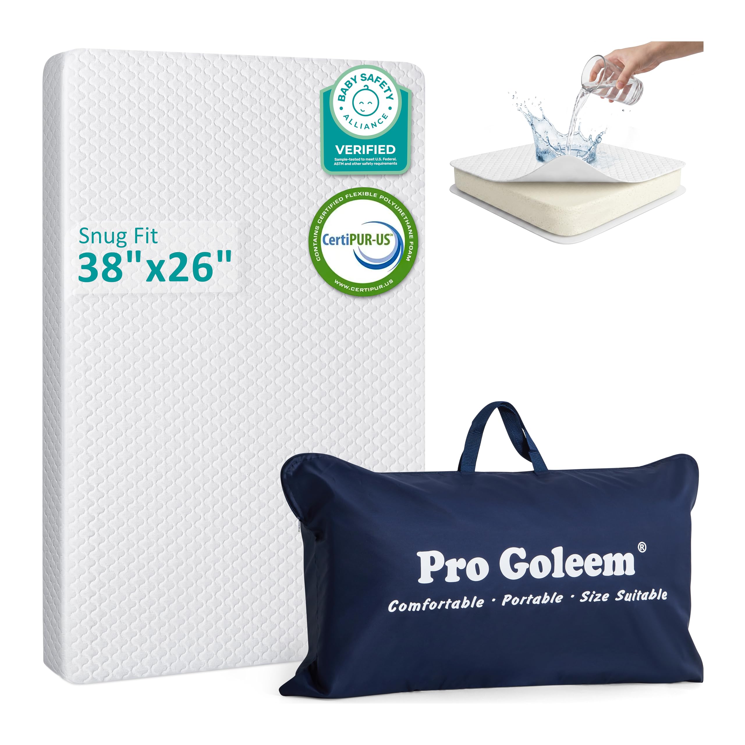 Pro Goleem Waterproof Pack and Play Mattress 38"x26" for Babies White