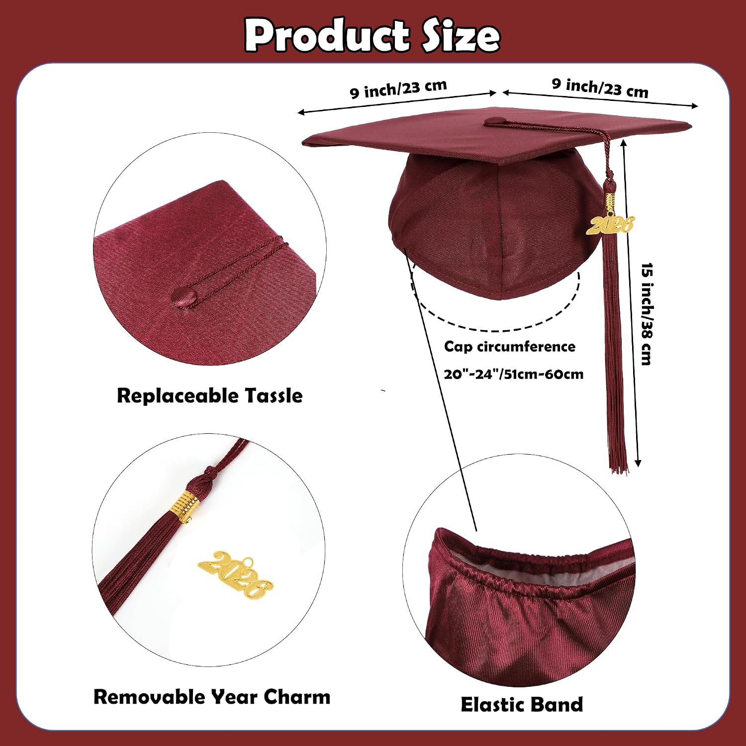 Unisex Matte Graduation Cap with Tassel Year Charm Graduation Hat for High School and Bachelor