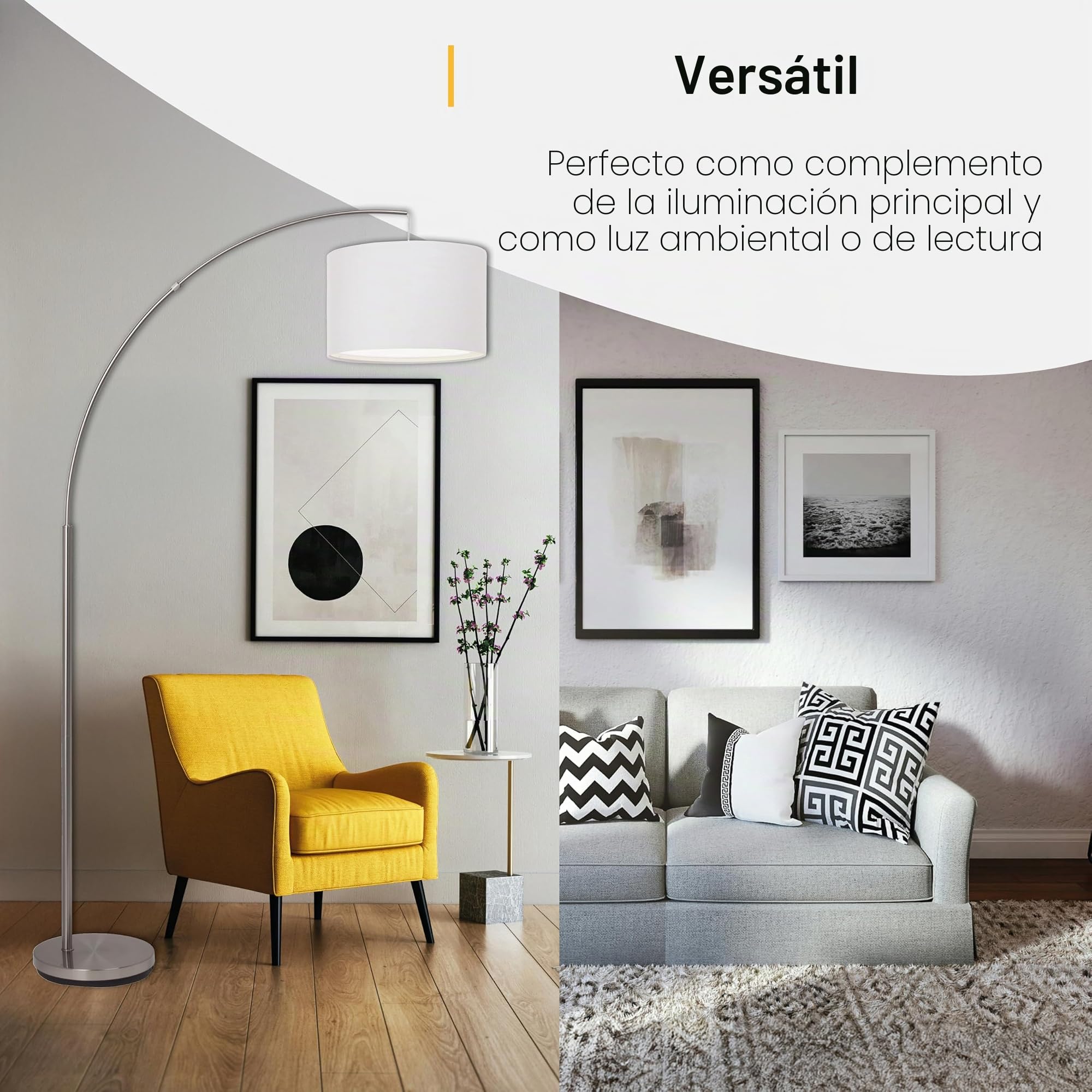 Brilliant Lámpara de pie de arco Lampe Clarie 1, 8m hierro/blanco | 1x A60, E27, apta para lámparas estándar (no incluidas) | Con interruptor de pie