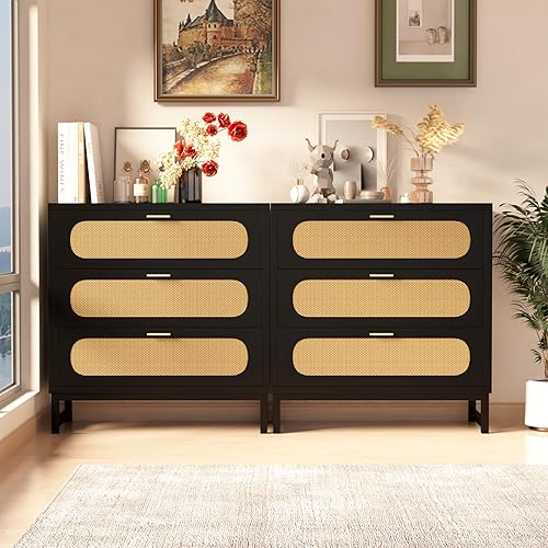 Cómoda de 3 cajones, cómoda moderna de ratán con 6 cajones, armario de almacenamiento moderno, mesita de noche, asas doradas para sala de estar,