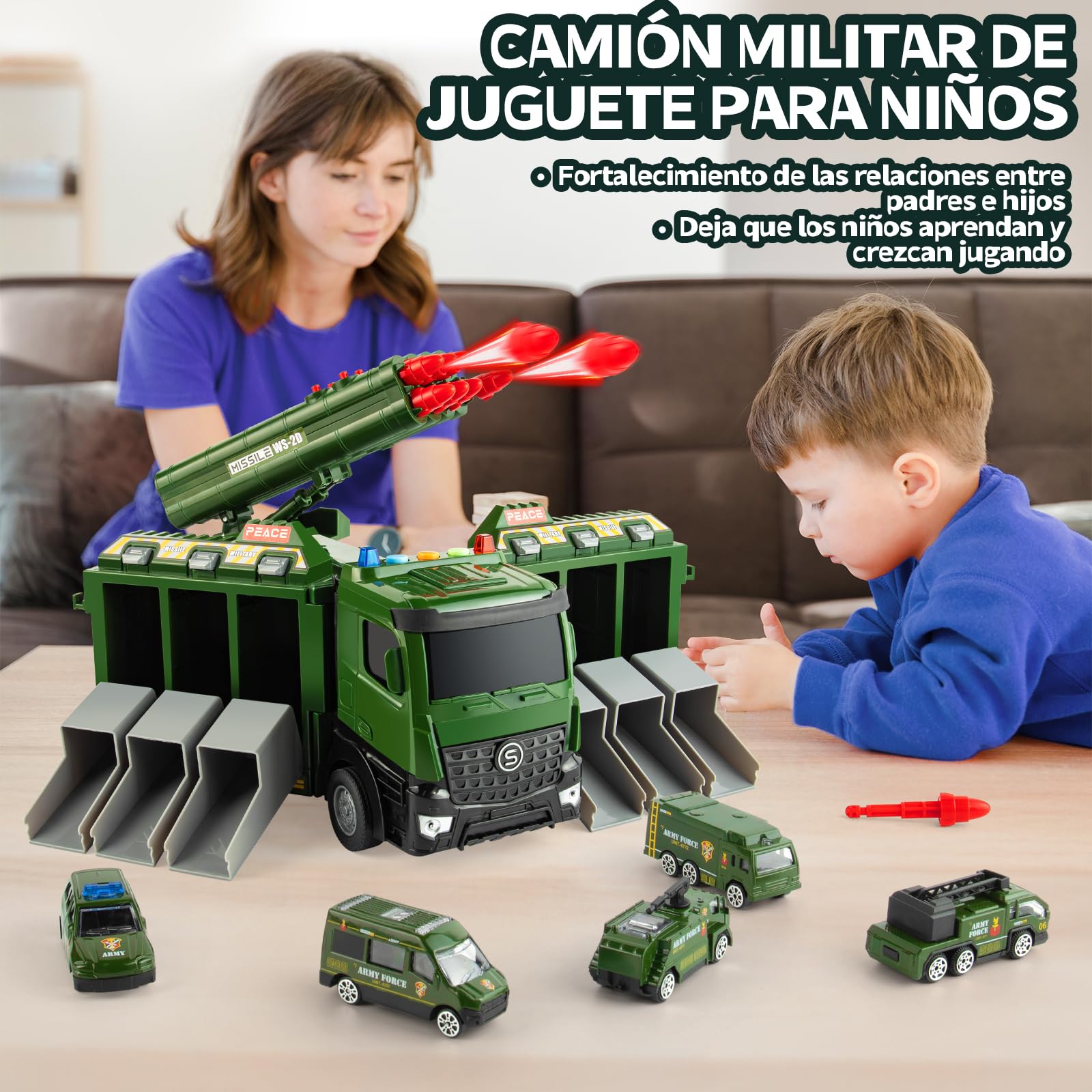 Juguetes camión Militar,32cm Vehículo Militar de Juguete con 8 misiles,Juguetes Militare con 6 vehículos Militares,Luz y Sonido,Camión Militar de Juguete para Niños de 3 años o más