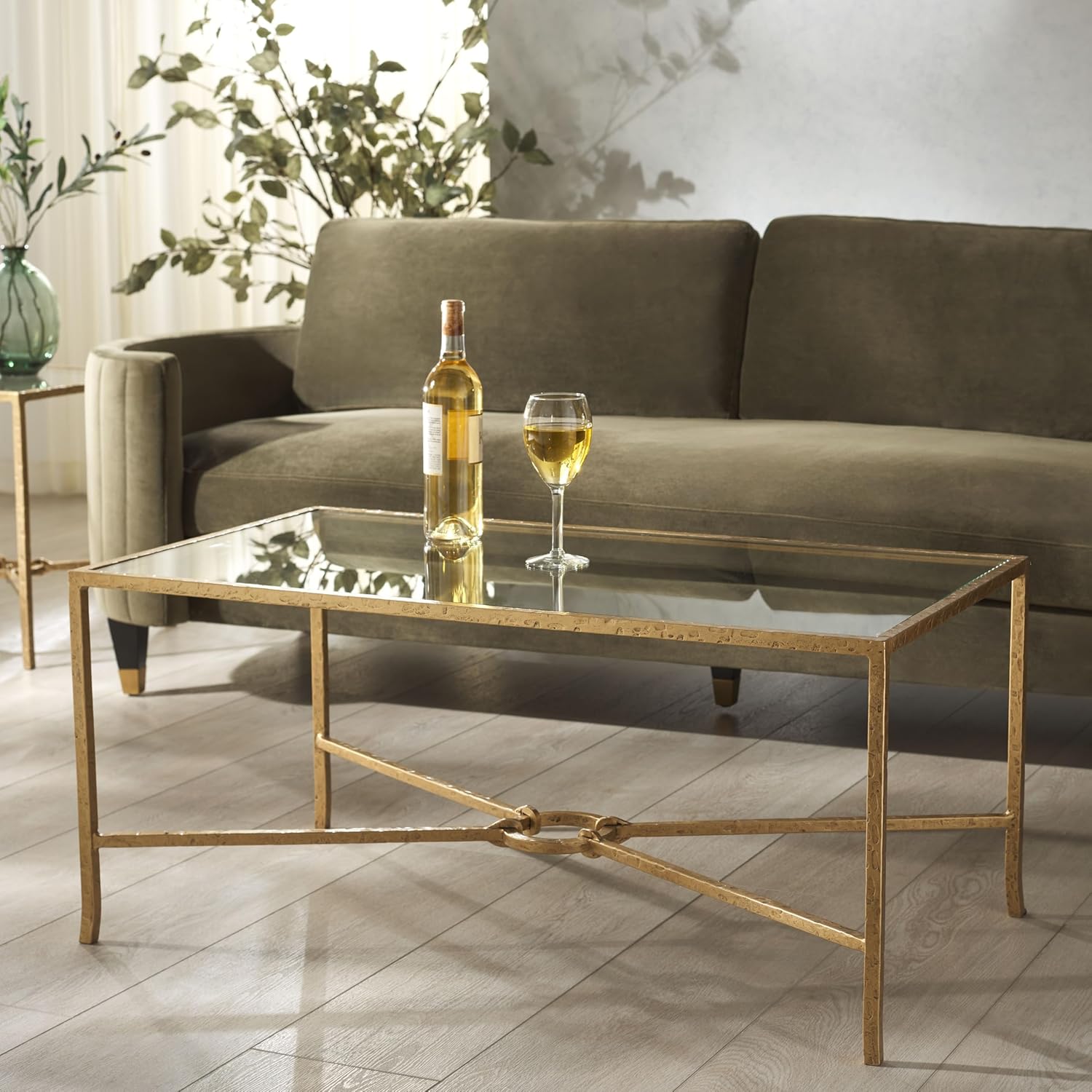SAFAVIEH Couture Collection Tauri Brass Metal Glass Top Rectangle Coffee Table (Fully Assembled)