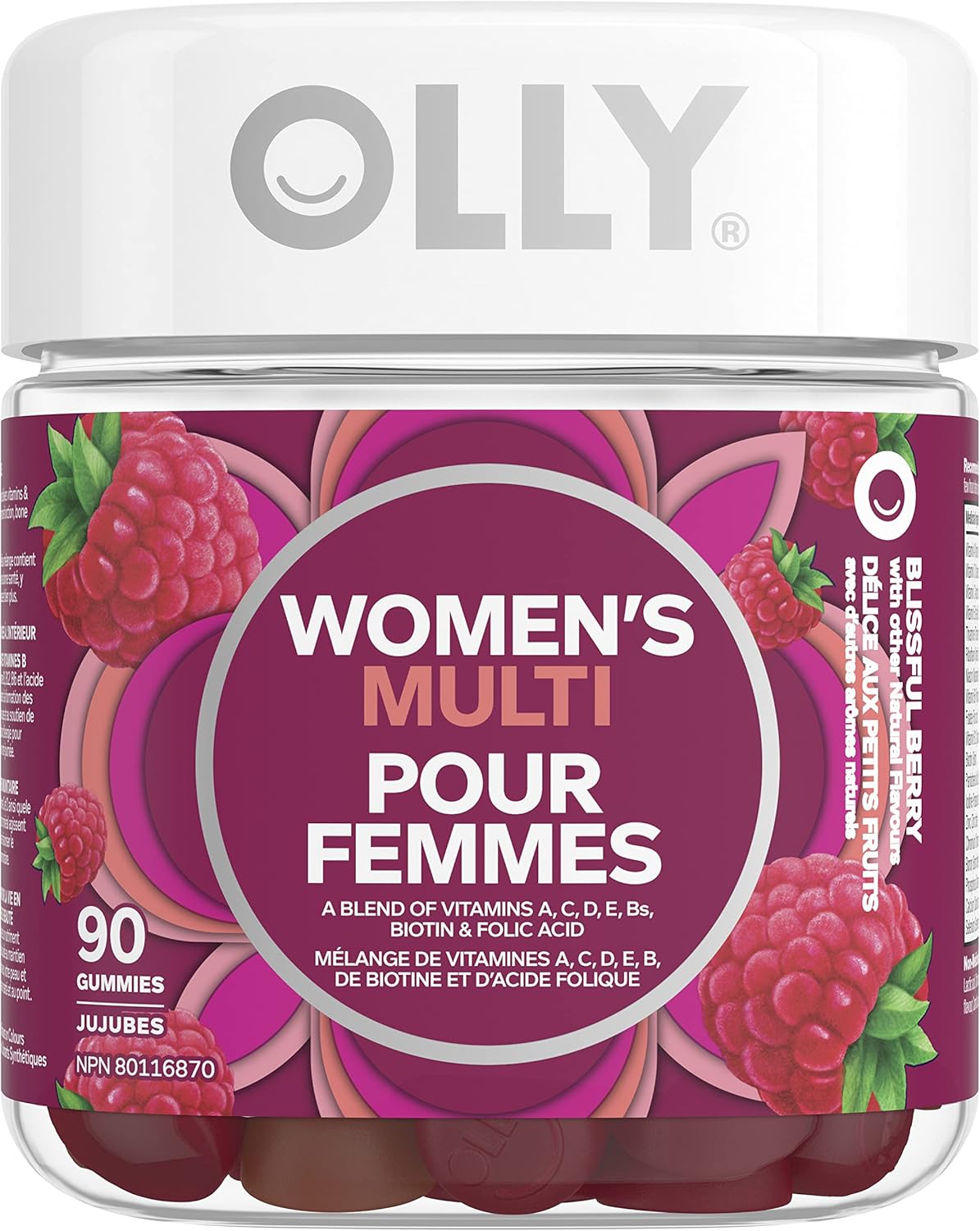 OLLY Women’s Multi Gummy Supplement with no artificial flavours and colours Blissful Berry multivitamin to help support women’s health 45 day supply 90 gummies