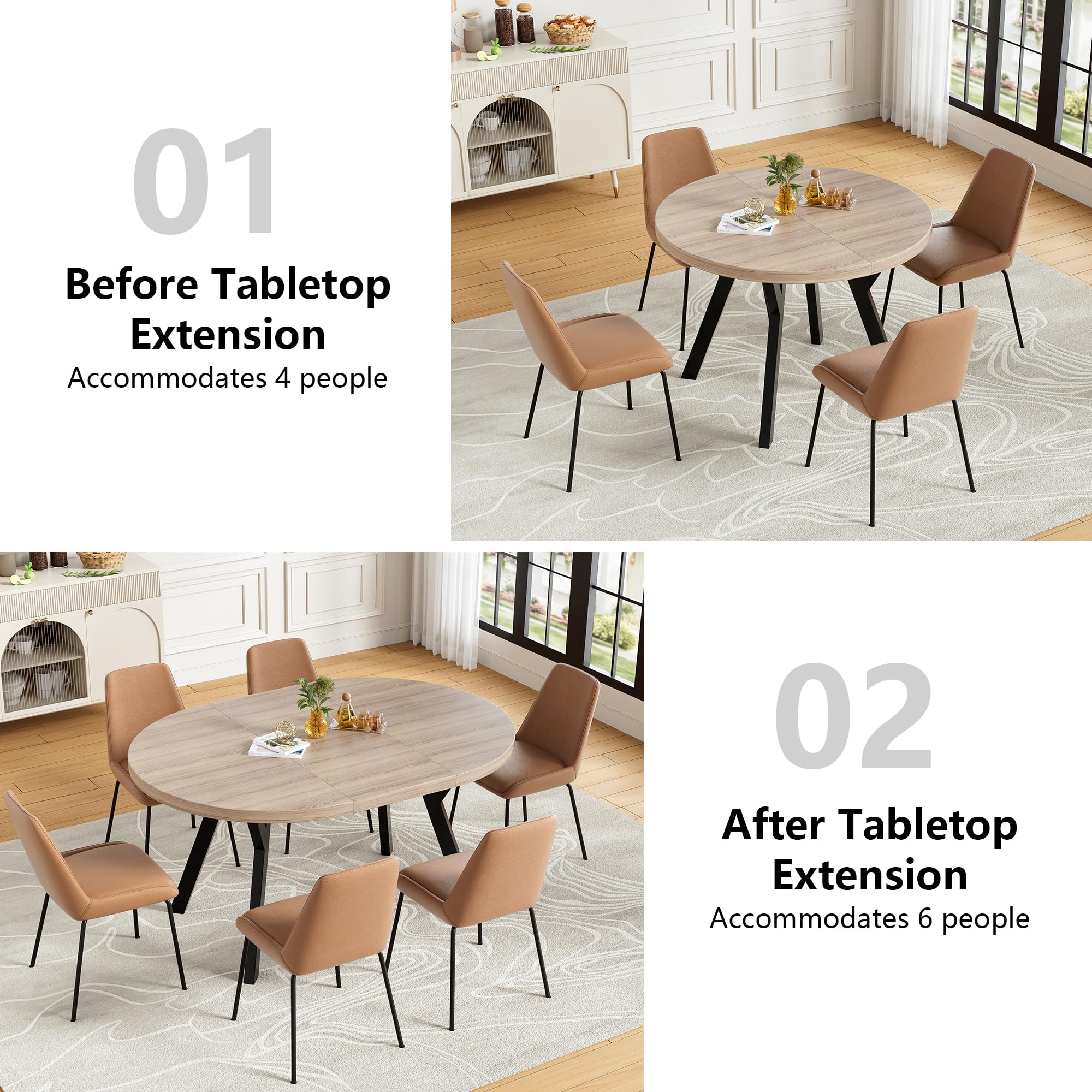 MSFE Tavolo da Pranzo, Tavolo Rotondo Allungabile per 4-6 Persone, 100-140 cm, Tavolo da Cucina con Gambe a Croce in Acciaio e Piano in Legno per spazi multifunzionali