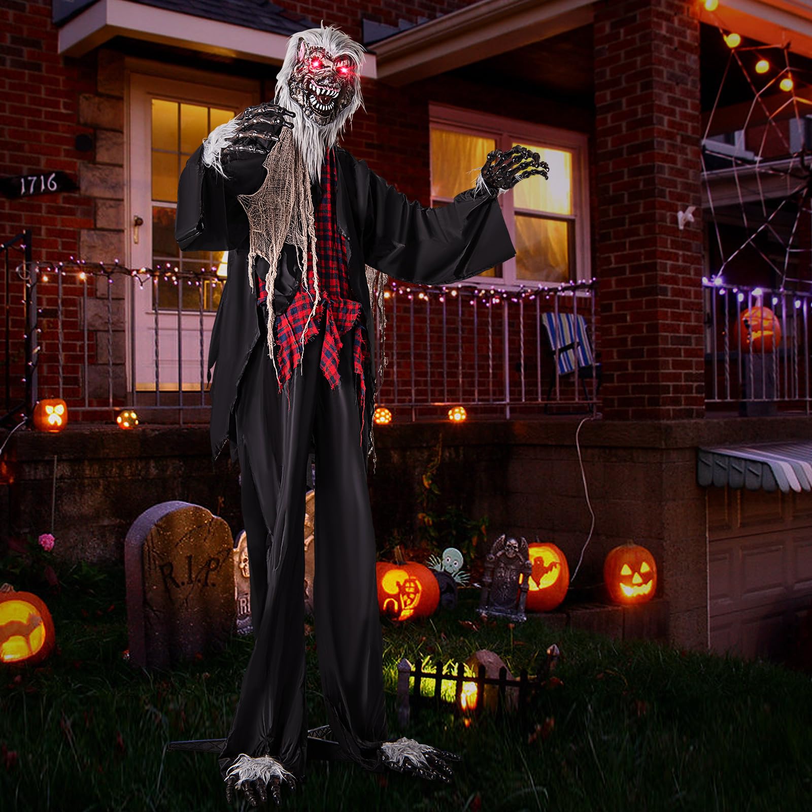 Tangkula8.2 FT Halloween Animatronic Werewolf, Scary Animated Prop with Howling Sounds, Red Flashing Eyes & Poseable Arms, Standing Werewolf Decoration for Porch, Yard & Garden, Sound Activated