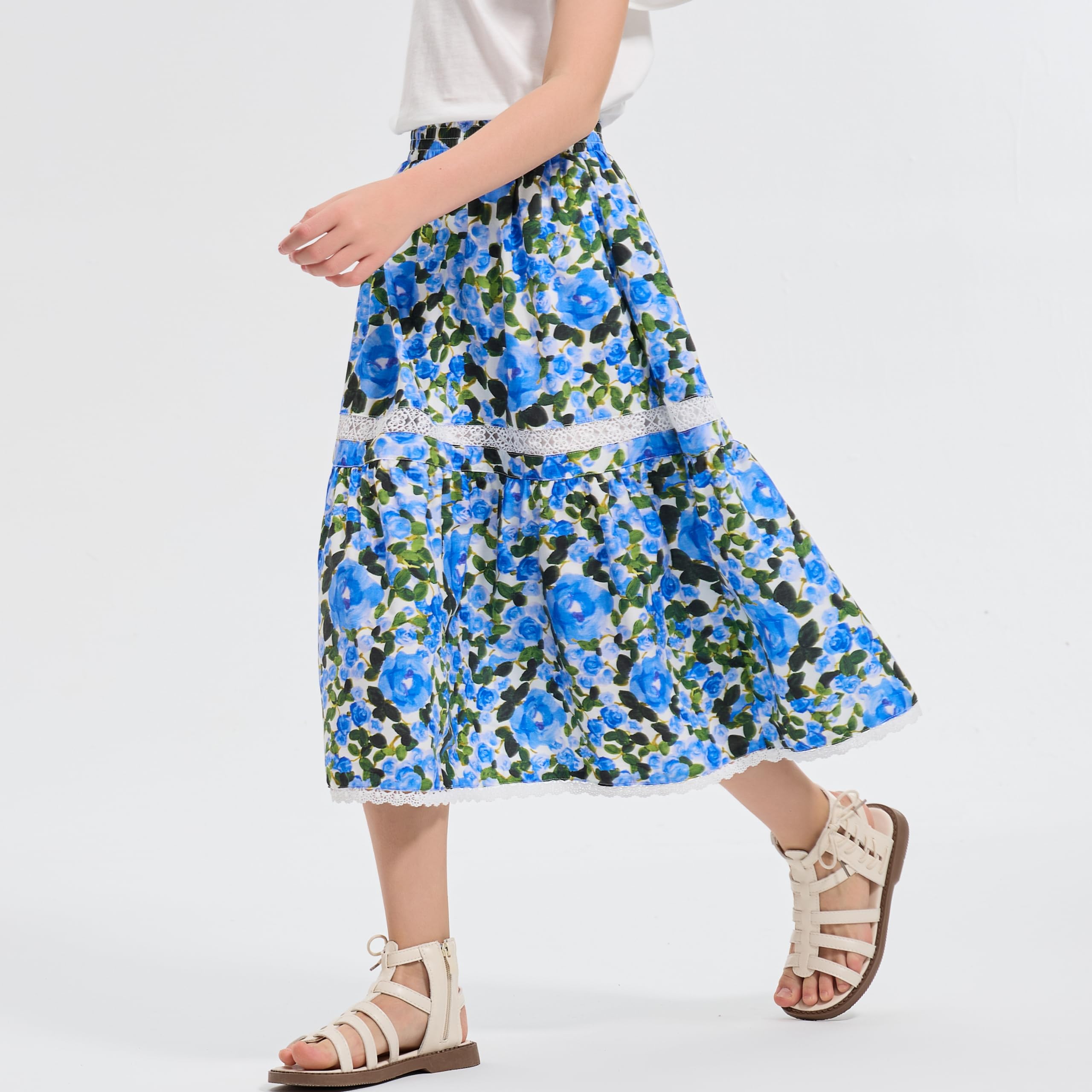 Rolanko Jupe Longue Floral pour Filles, Taille Haute Élastique Ourlet à Volants Boho Robe Longue Fluide en A