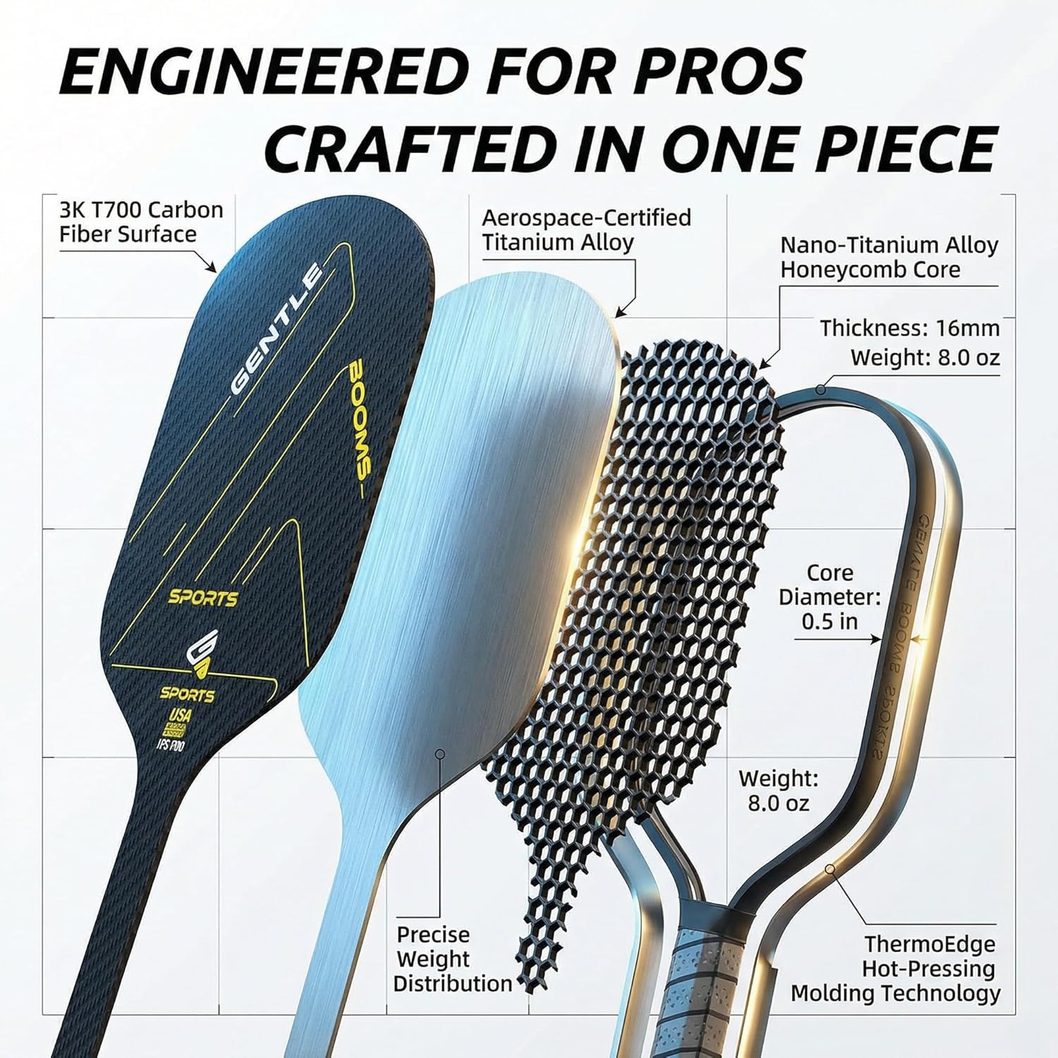 GBS Pickleball Paddle,USAPA certified,3K T700 carbon fiber surface,16mm titanium alloy honeycomb shock-absorbing core,high torque rotational control,powerful stroke,ThermoEdge thermoforming technology