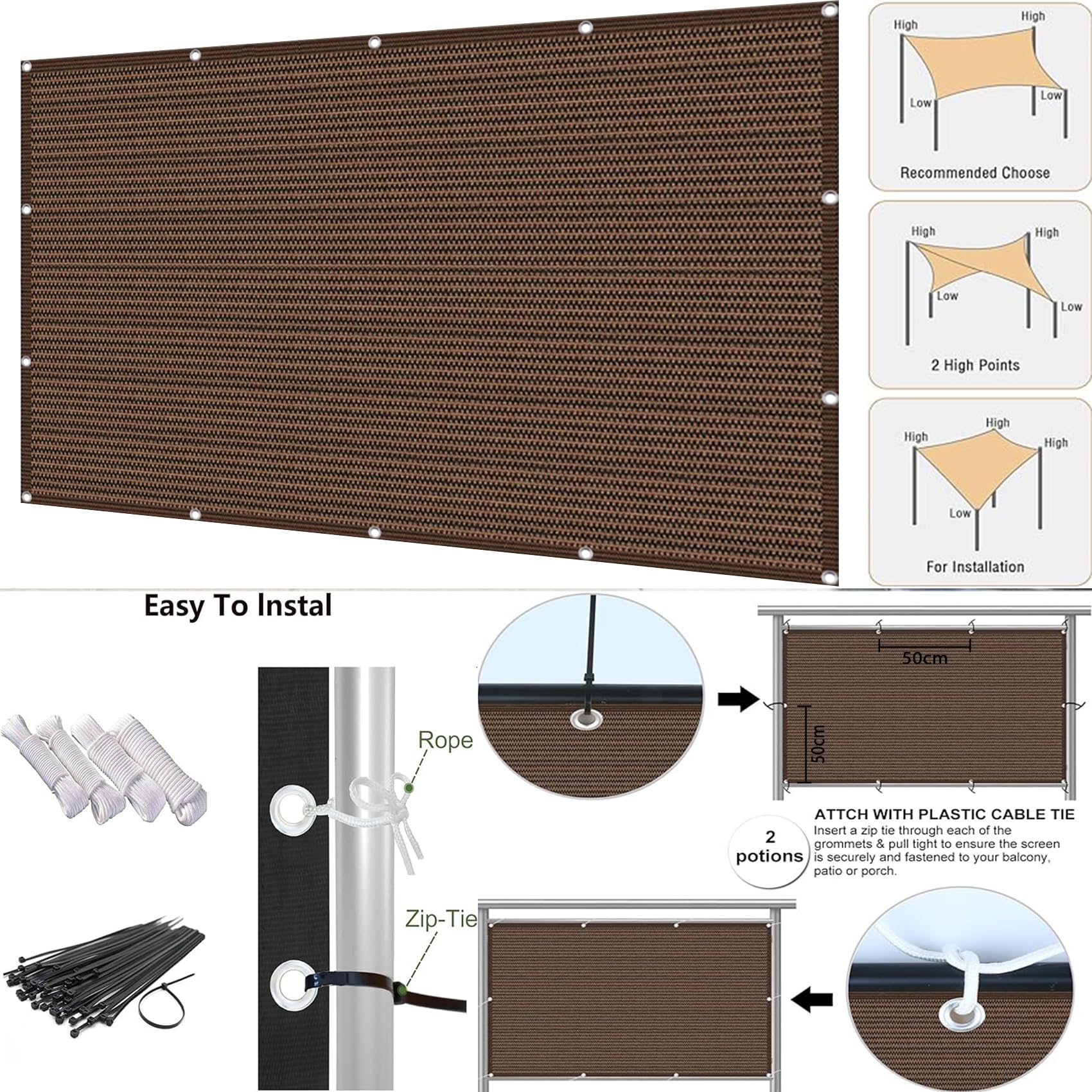 Red de Sombra Exterior 160 x 500 cm 95% Protección Solar Viento Rayos UV Transpirable, Resistente, Toldo de Sombra para Balcón con Ojales para Terrazas Patio Invernadero, Blanco