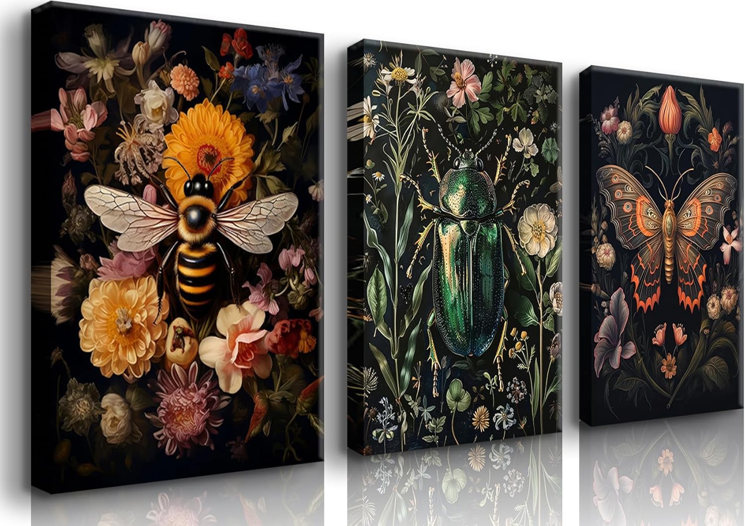 3 Pcs Dark Academia Butterfly and Bee Floral Wall Art Gothic Insect And Botanical Wall Decor Vintage Dark College Posters Canvas Prints Painting Picture for Bedroom Living Room 12x16in canvas