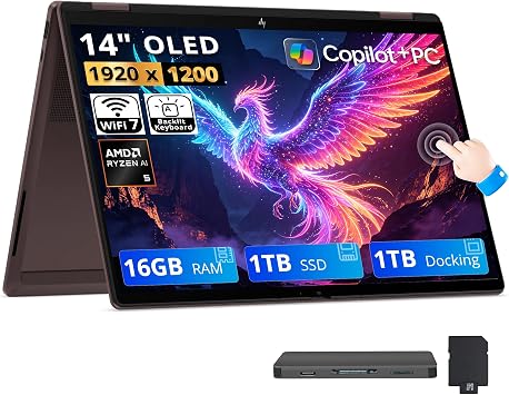 HP OmniBook X Flip 2-in-1 14" 2K OLED Touchscreen Laptop, Ryzen AI 5 430, 16GB RAM, 2TB Storage 1TB SSD+1TB Docking Station, AMD Radeon 840M, Copilot+ PC, Backlit Keyboard, Win 11, Deep Espresso