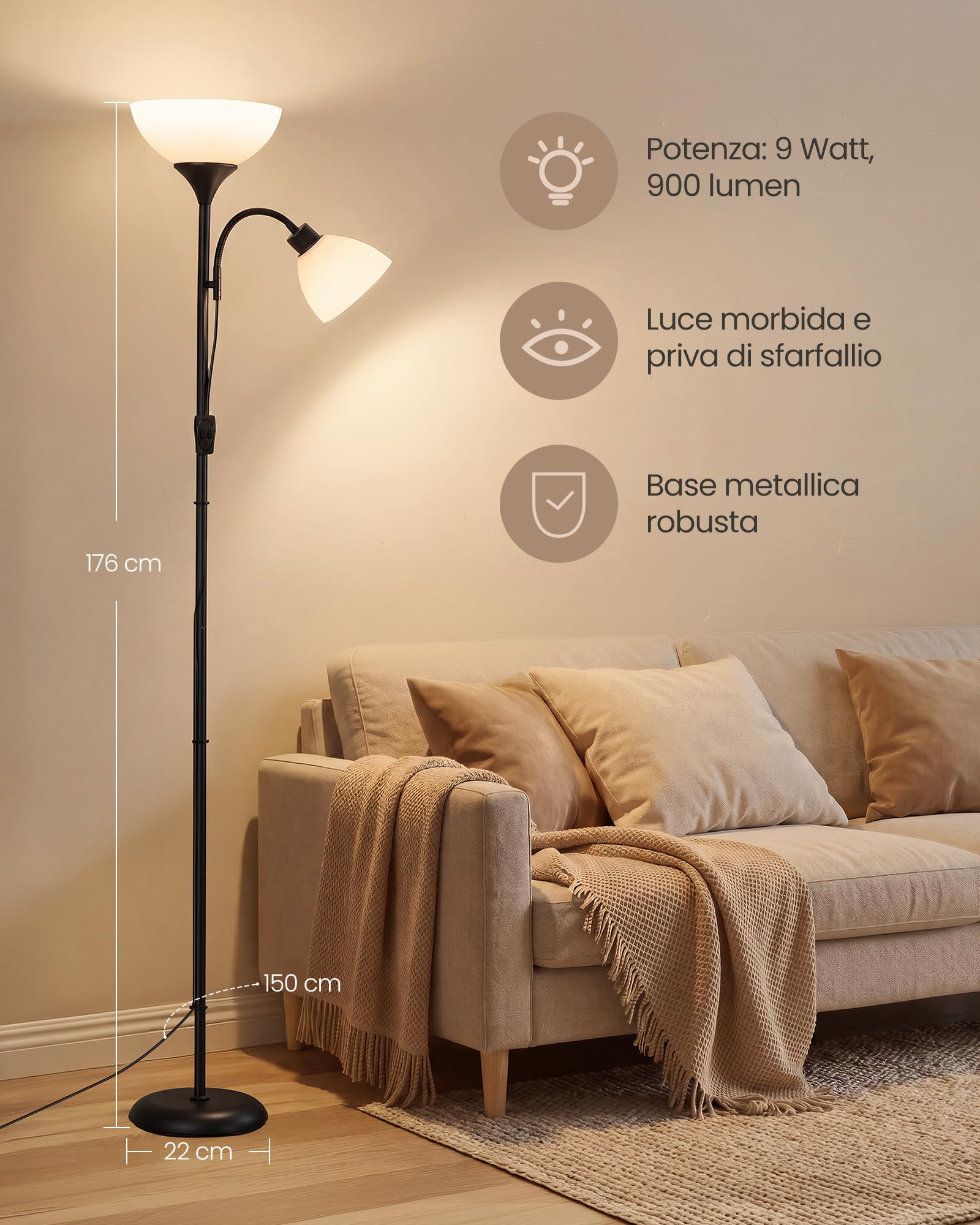 VASAGLE Lampada da Terra con Lampada da Lettura, Piantana in Ferro con Braccio Regolabile, 38,5 x 23,5 x 176 cm, Nero Opaco, per Soggiorno e Ufficio, Collezione Lusia LFL019B202