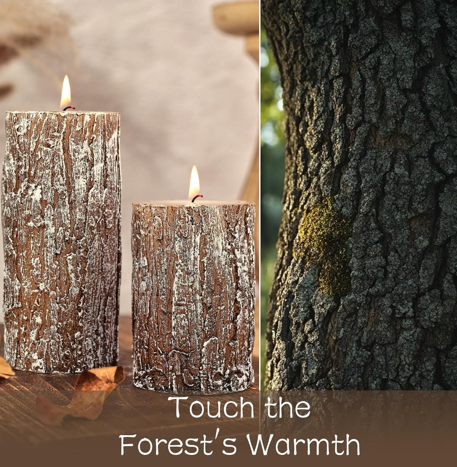 Classic Pine Tree Bark Texture Pillar Candles Set - Real Wax 3 Sizes (4", 5", 6" Tall) Rustic Decor Fireplace Candles, Unscented Woodland Style Pillar Candle for Home, Dining Table, Holiday Decor