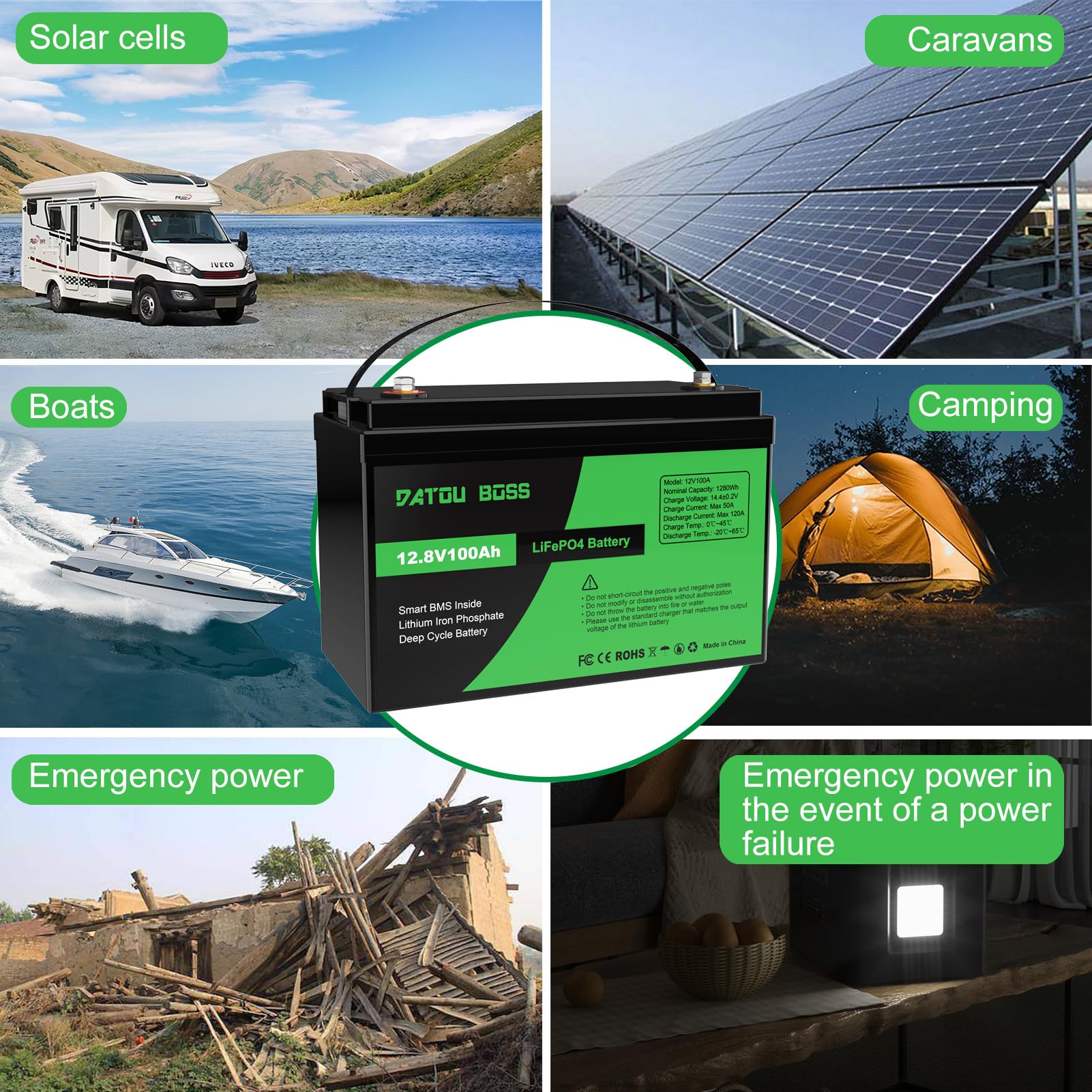 DATOUBOSS 12V 100Ah LiFePO4 Battery 100A BMS 8000+cycles Deep Cycle Lithium Battery MAX 1280W wsparcie mocy w połączeniu szeregowym/równoległym