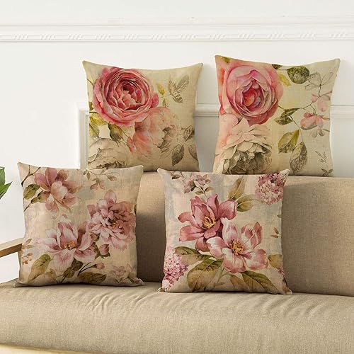 Miniatura 2 de WOMHOPE Juego de 4 fundas de almohada vintage de flores, fundas de cojín de arpillera de 18 x 18 pulgadas para sala de estar, sofá y cama (juego de