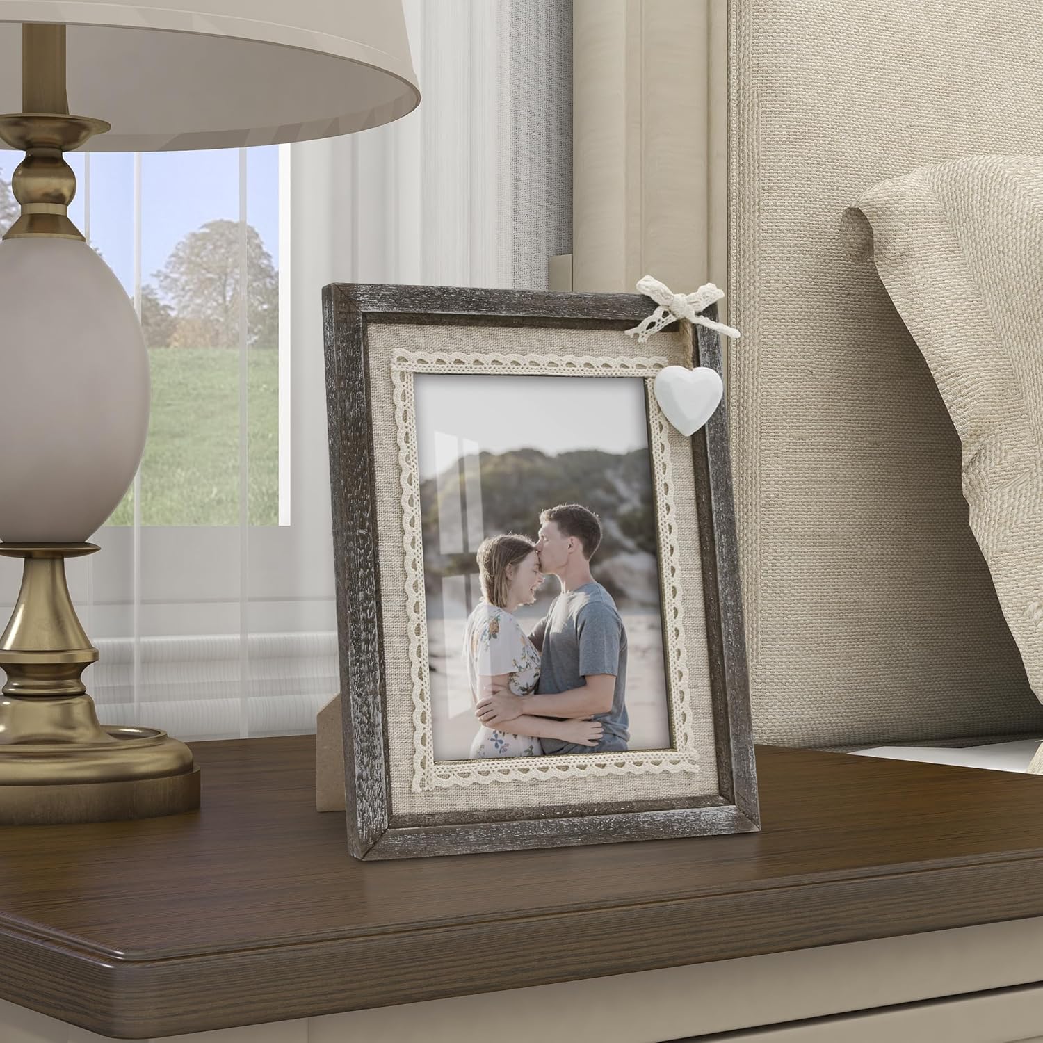 Sapowerntus 5x7 Picture Frames Rustic Wood Farmhouse Cute Heart Love Solid Wooden Family Photo Frame Lace Bow Glass Boho Wall Decor Hanging Tabletop Kids Mom Mother Wedding Gift