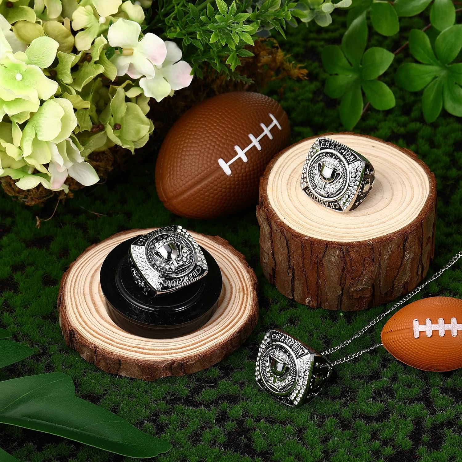 Landical 12 Packs Champion Trophy Rings Mvp Sport Award Gift with Neck Chain and Display Stand Box for Tournament or League Champion Winner