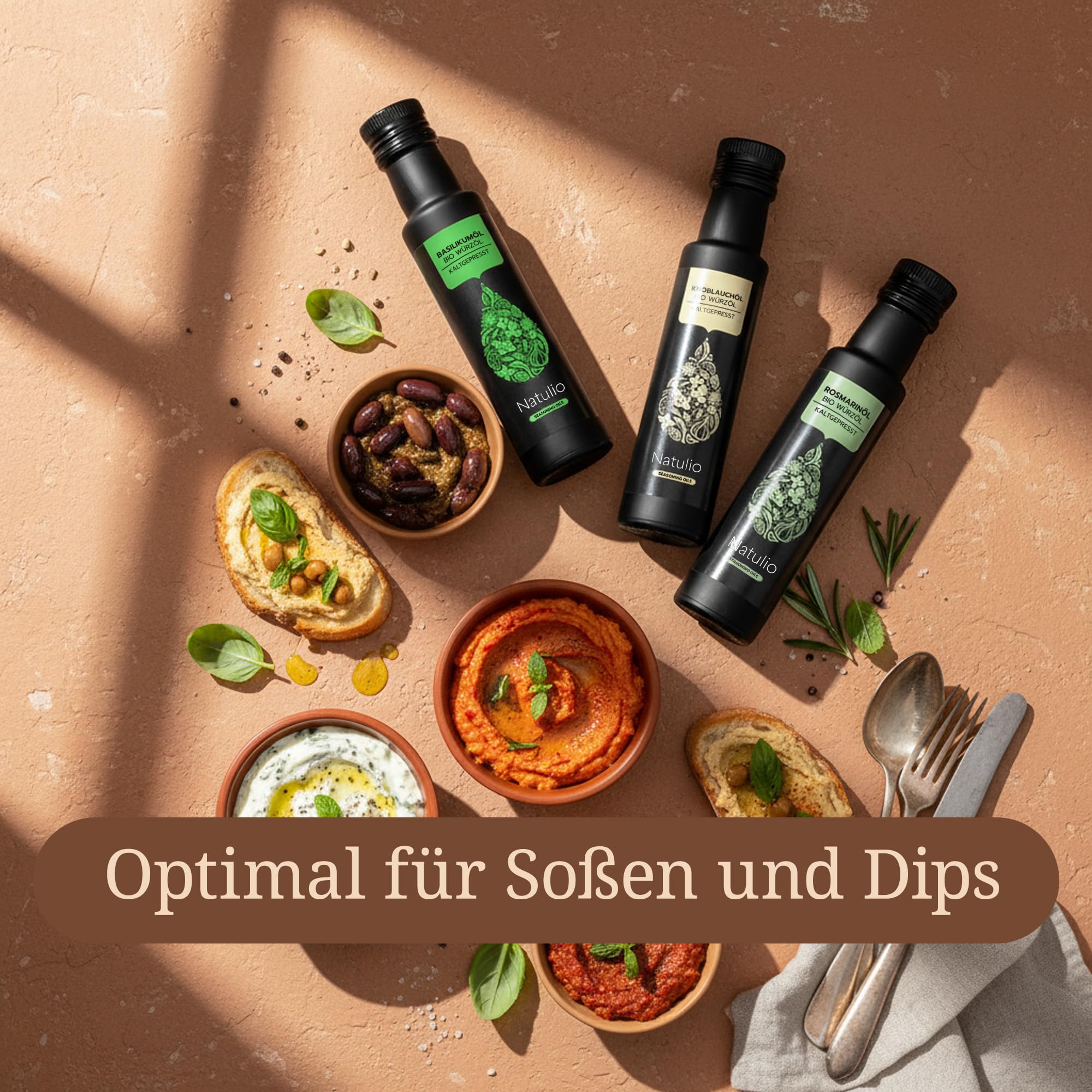 Natulio Geschenkset Bio Kräuter Trio kaltgepresst - Geschenkidee - das perfekte Geschenk für alle Feinschmecker - Geschenkset aus Basilikumöl, Knoblauchöl & Rosmarinöl - 3x100ml -DE-ÖKO-006